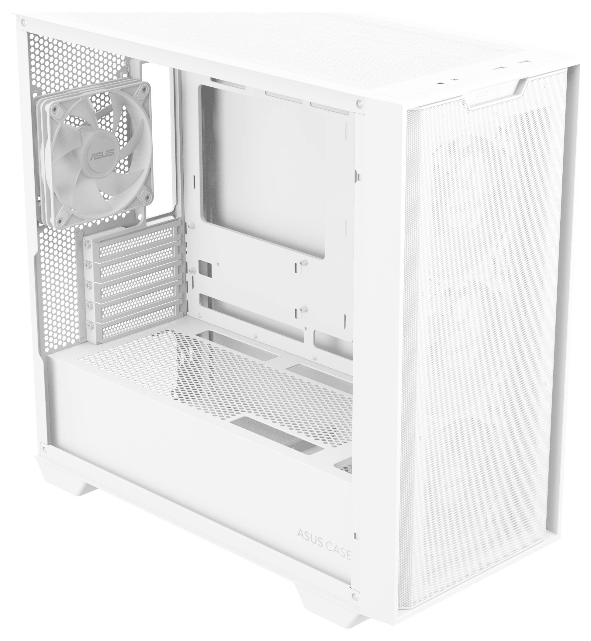 Ein weißes Computergehäuse mit seitlicher Belüftung, einem Lüfter hinten und Platz für mehrere Festplatten und Grafikkarten.