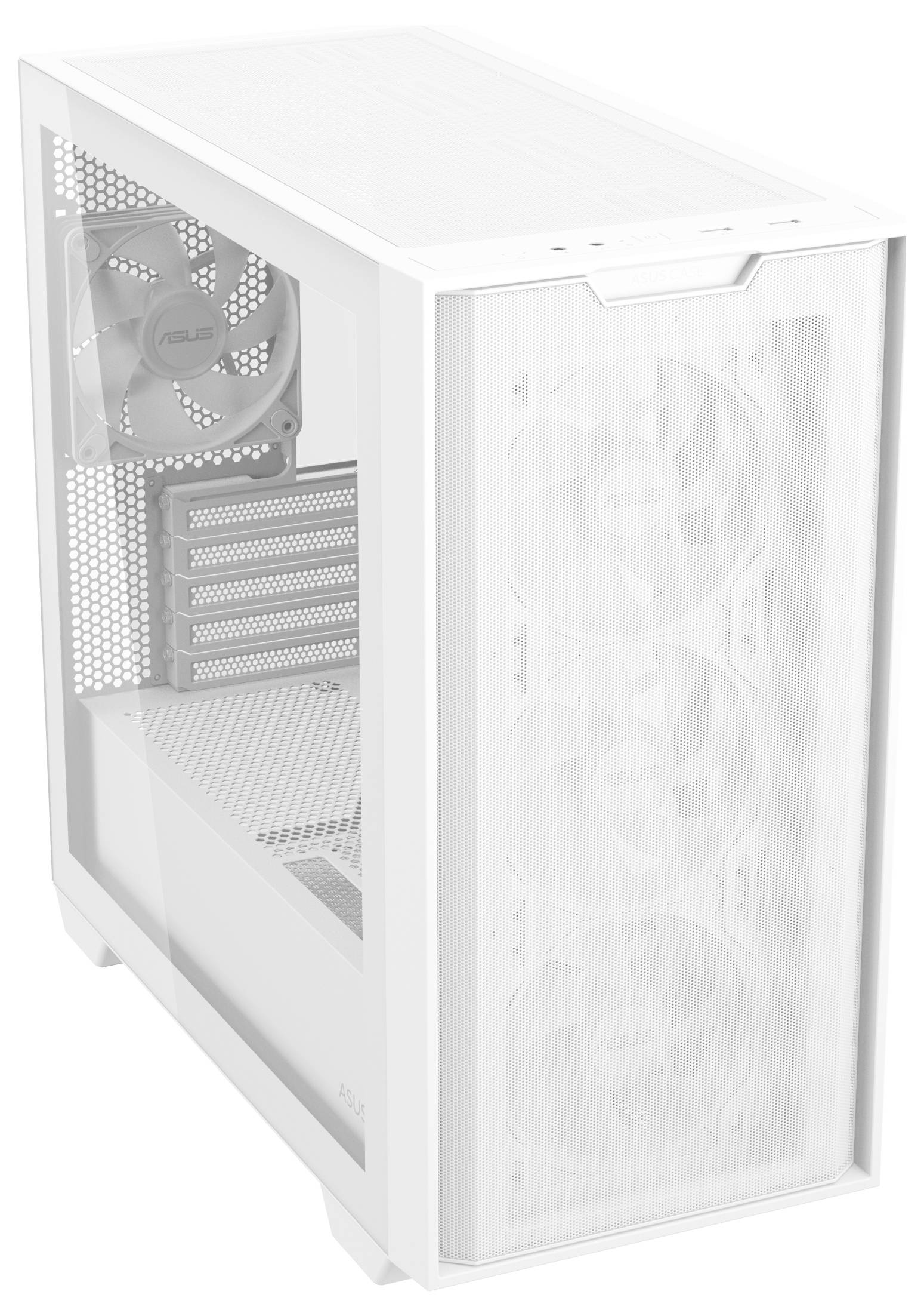 Ein weißes Computergehäuse mit transparentem Seitenteil. Es zeigt vier integrierte Lüfter, drei vorne und einer hinten, für Kühlung.