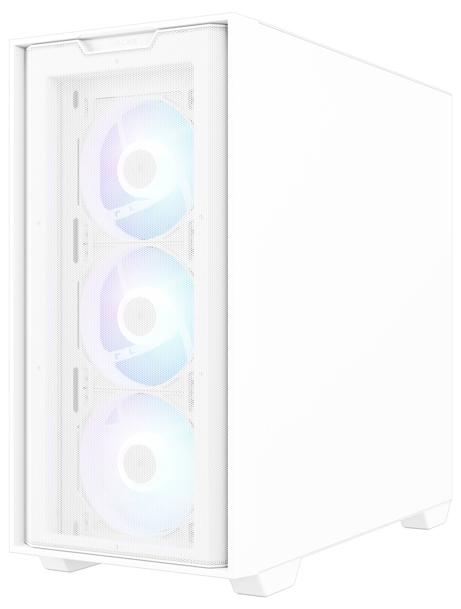 Ein weißes PC-Gehäuse mit drei leuchtenden RGB-Lüftern an der Vorderseite. Das Design wirkt modern und minimalistisch.