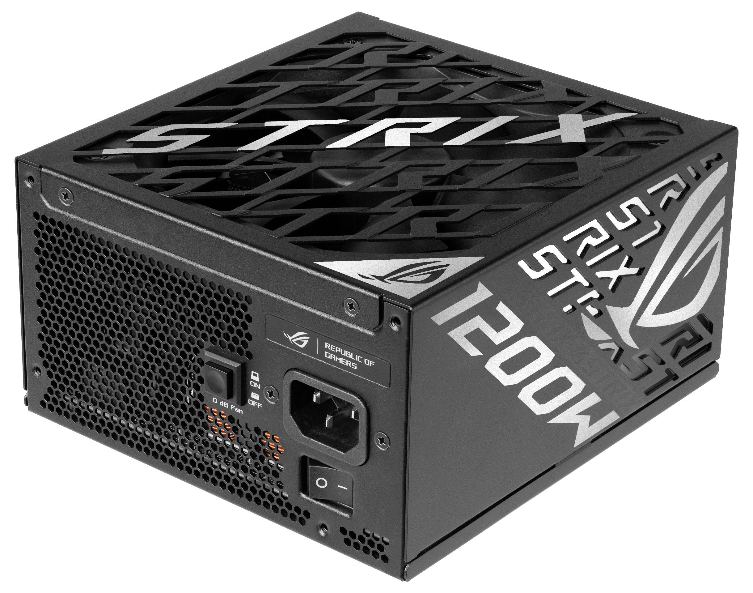 Ein schwarzes PC-Netzteil mit der Aufschrift 'STRIX' und einer Leistung von 1200W. Es zeigt Anschlüsse und Lüftungsöffnungen.