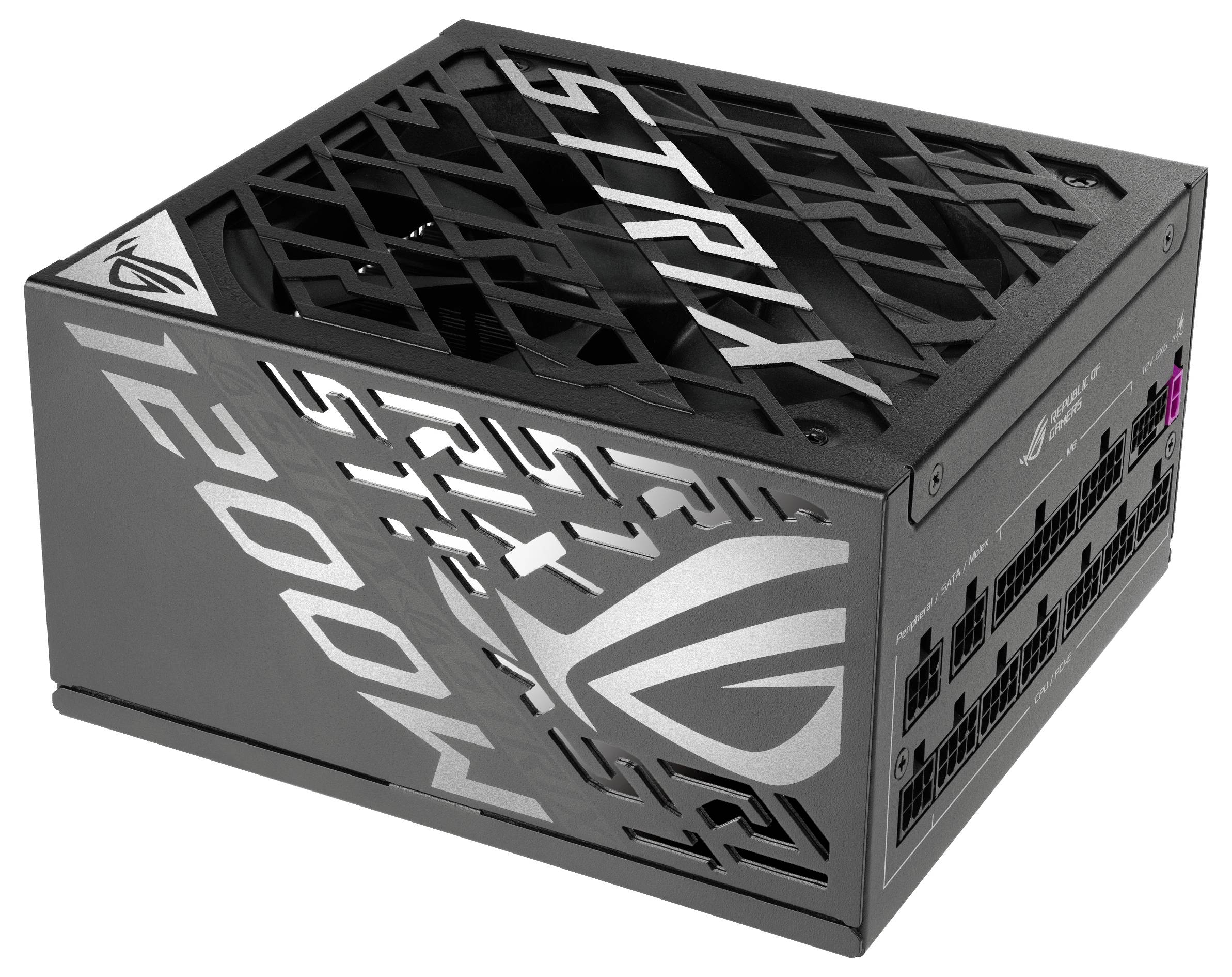 Schwarzes PC-Netzteil mit Gitterdesign, Marke 'ROG Strix', Leistung 1200W. Angeschlossene Kabelbuchsen auf der rechten Seite sichtbar.