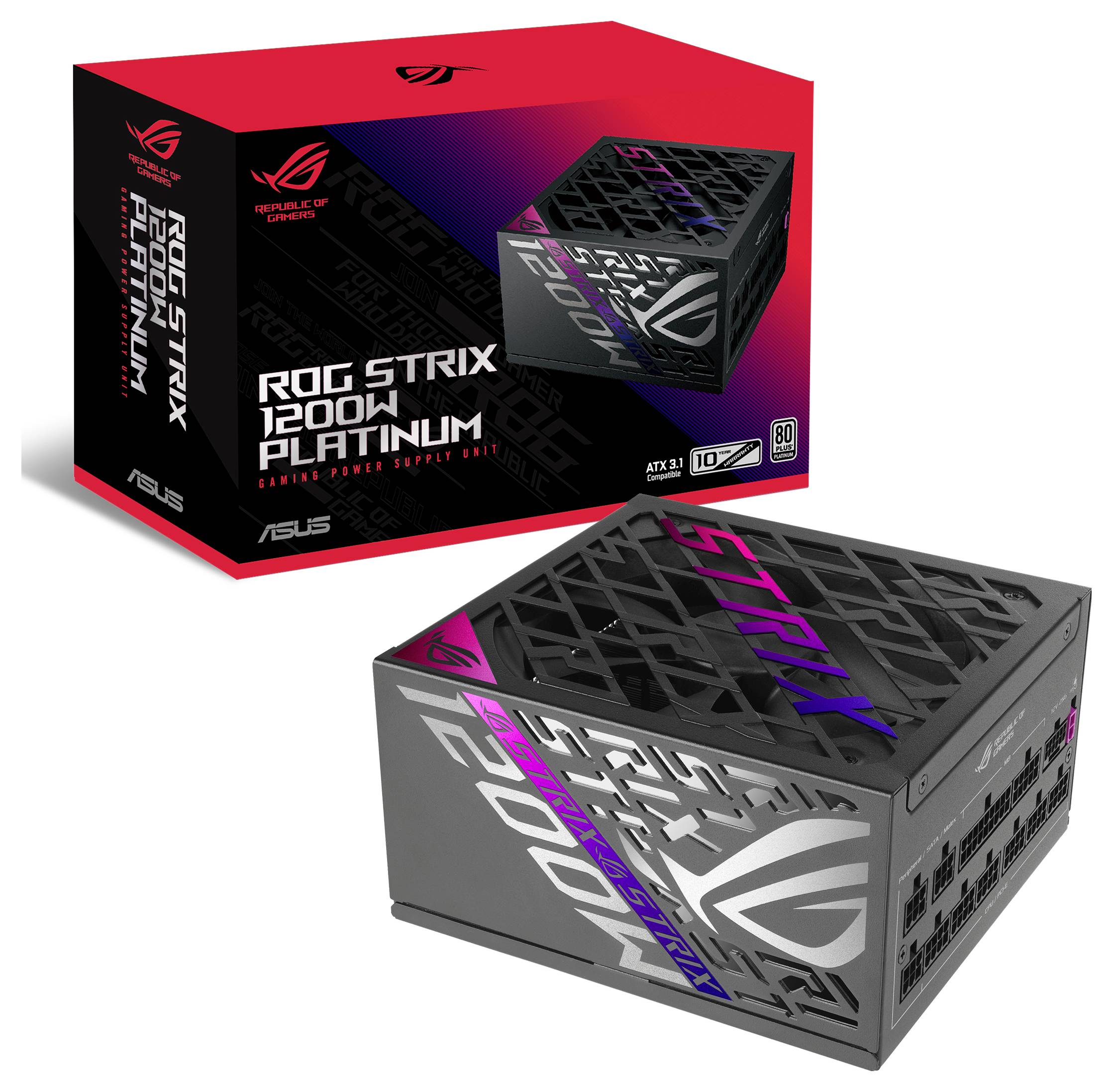 'ROG Strix 1200W Platinum Netzteil' in schwarzem Design mit lila und roten Akzenten, ist in einer Verpackung mit Produktabbildung zu sehen.