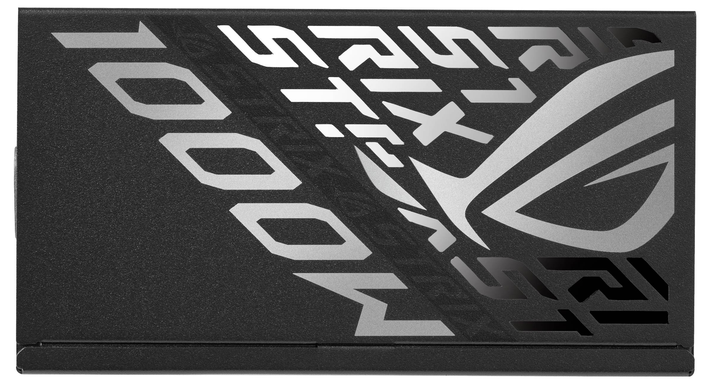 Schwarzes Gehäuse mit großem grauen Logo und Schriftzug 'ROG STRIX 1000W', Symbol der Marke erkennbar, technischer Stil.