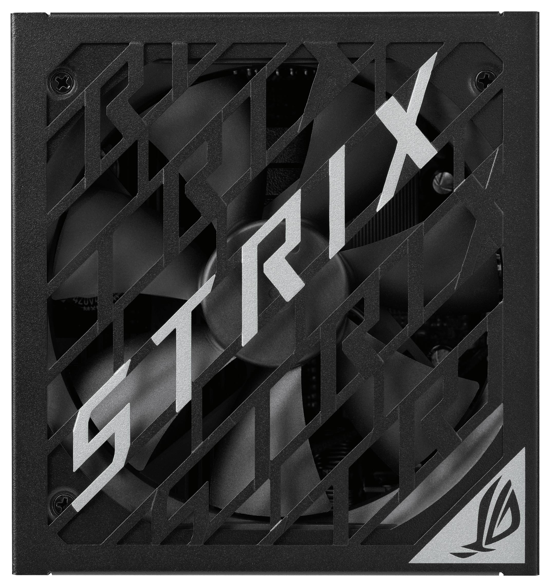 Netzteil mit Lüfter, teils verdeckt durch schwarzen Rahmen. 'STRIX' ist diagonal in großen Buchstaben gedruckt.