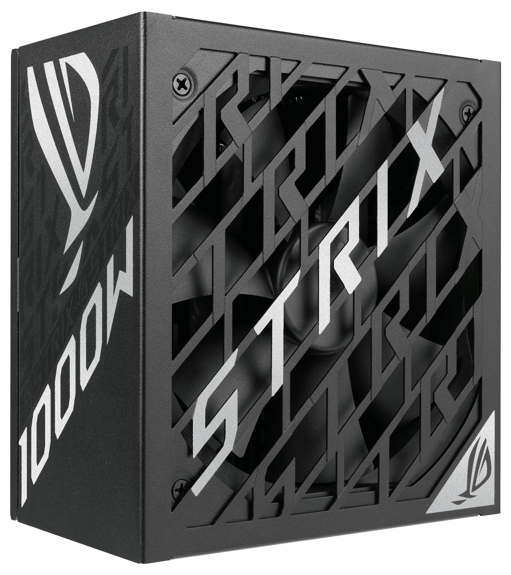 Schwarzes Gehäuse eines PC-Netzteils mit der Aufschrift '1000W STRIX', sichtbarer Lüfter hinter einem Gitter mit geometrischem Muster.