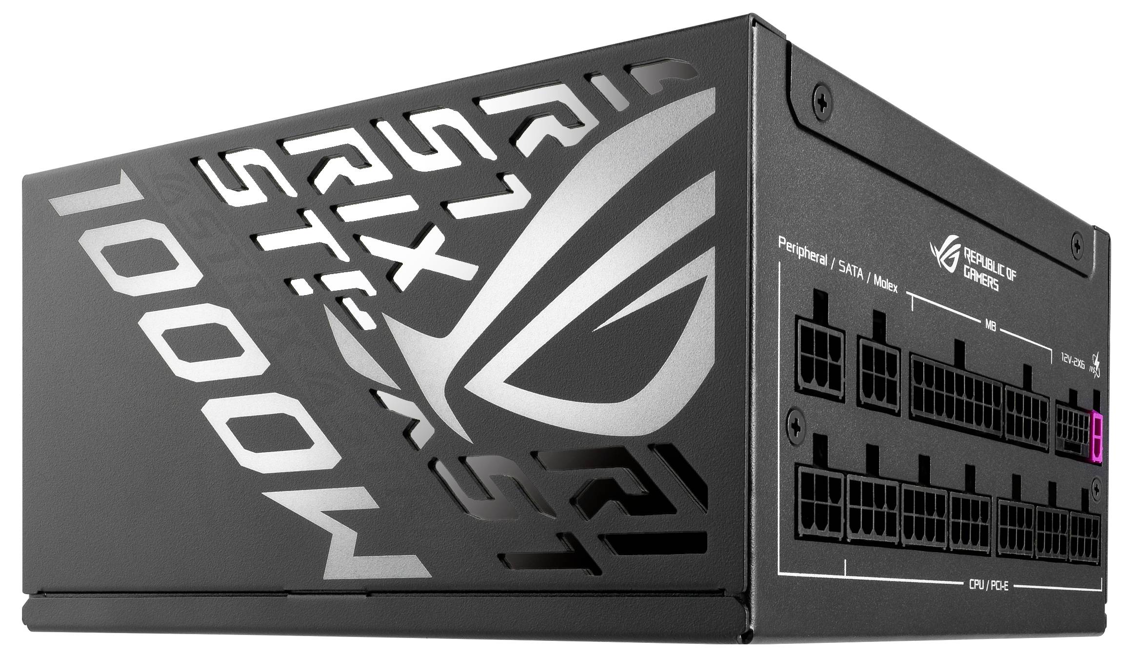 Ein schwarzes PC-Netzteil der Marke mit silbernem Logo. Mehrere Anschlussmöglichkeiten sind sichtbar, darunter CPU und SATA.