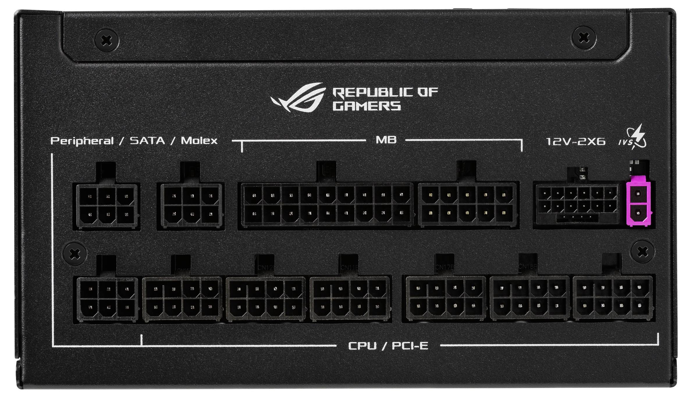 Rückseite eines PC-Netzteils mit mehreren Kabelanschlüssen für Peripheriegeräte, Mainboard und CPU/PCI-E. Ein Anschluss rosa markiert.