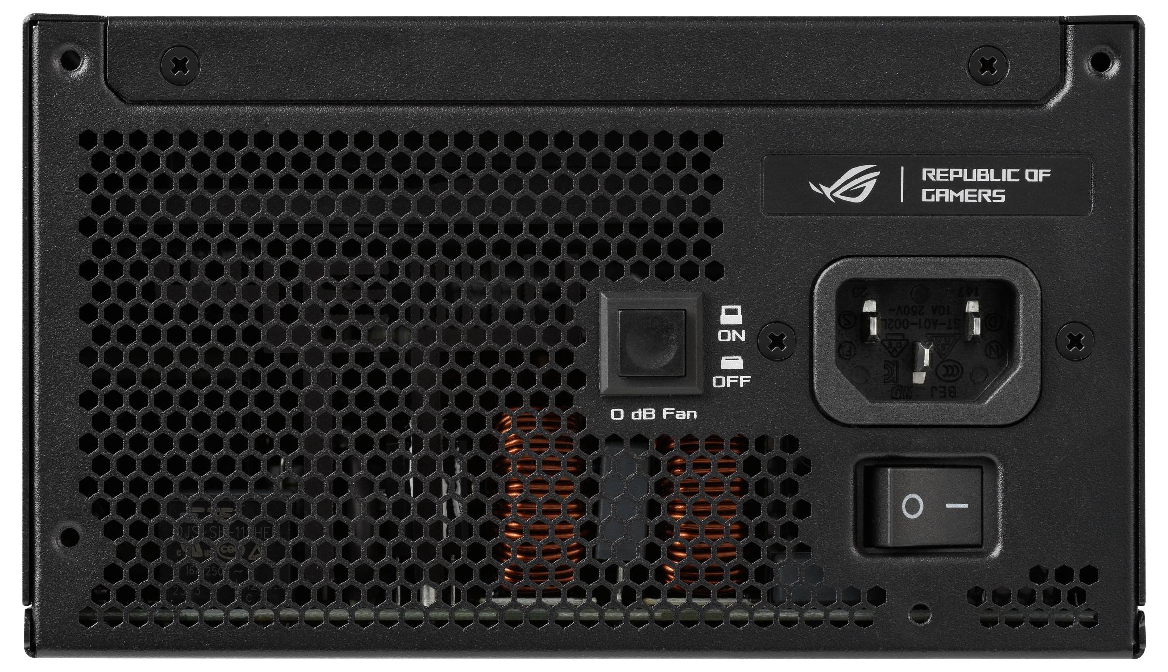 Rückseite eines Computer-Netzteils mit einem Schalter, einem Stromanschluss und Lüftungsgitter. Markenlogo oben rechts.