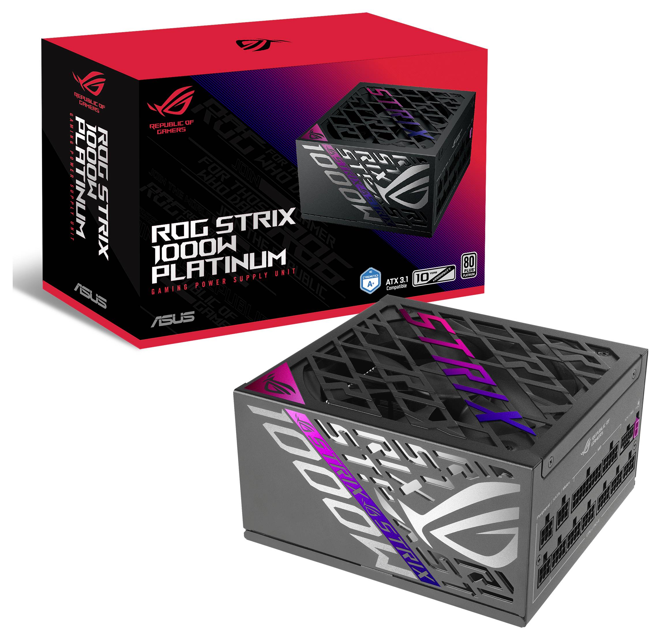 ROG Strix 1000W Platinum Netzteil. Schwarzes Design mit farbigen Akzenten. ATX3.0, 1000 Watt, 80 Plus Platinum Zertifizierung.