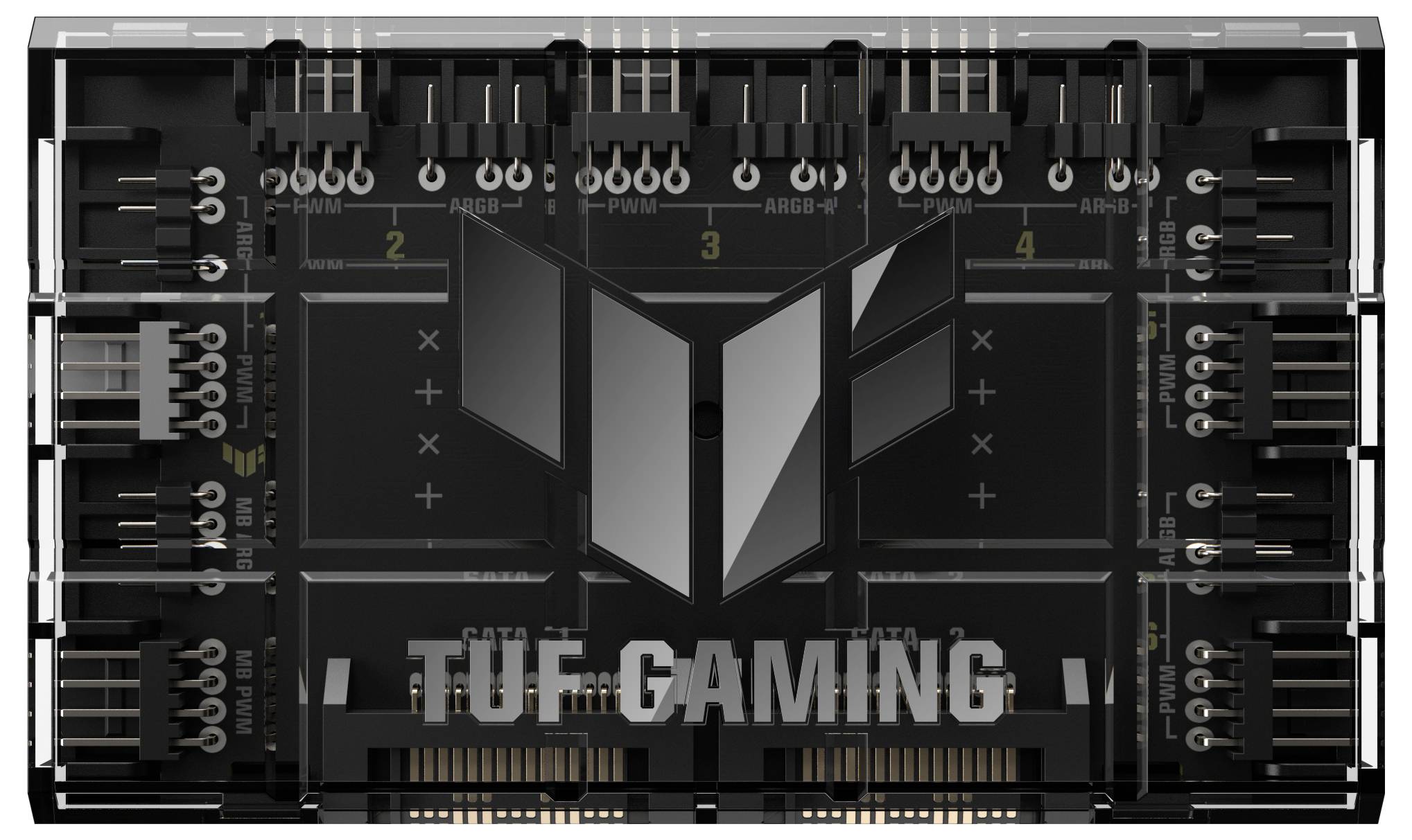 Schwarzer ARGB-Hub mit vier nummerierten Kanälen für Beleuchtungssteuerung. TUF Gaming-Logo in der Mitte.