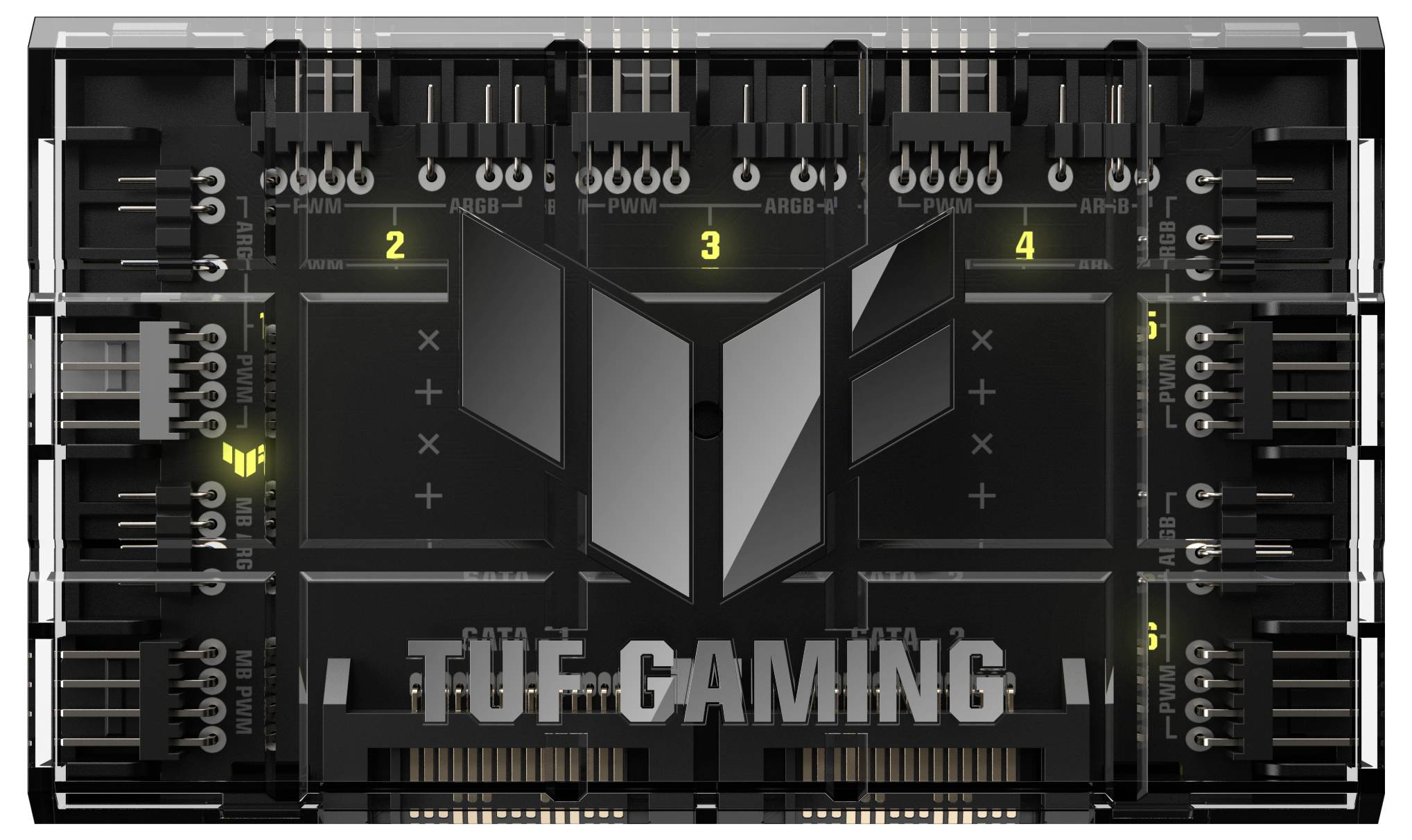 Ein schwarzes elektronisches Gerät mit der Aufschrift 'TUF GAMING' zeigt vier nummerierte Anschlüsse und sichtbare Schaltungen.