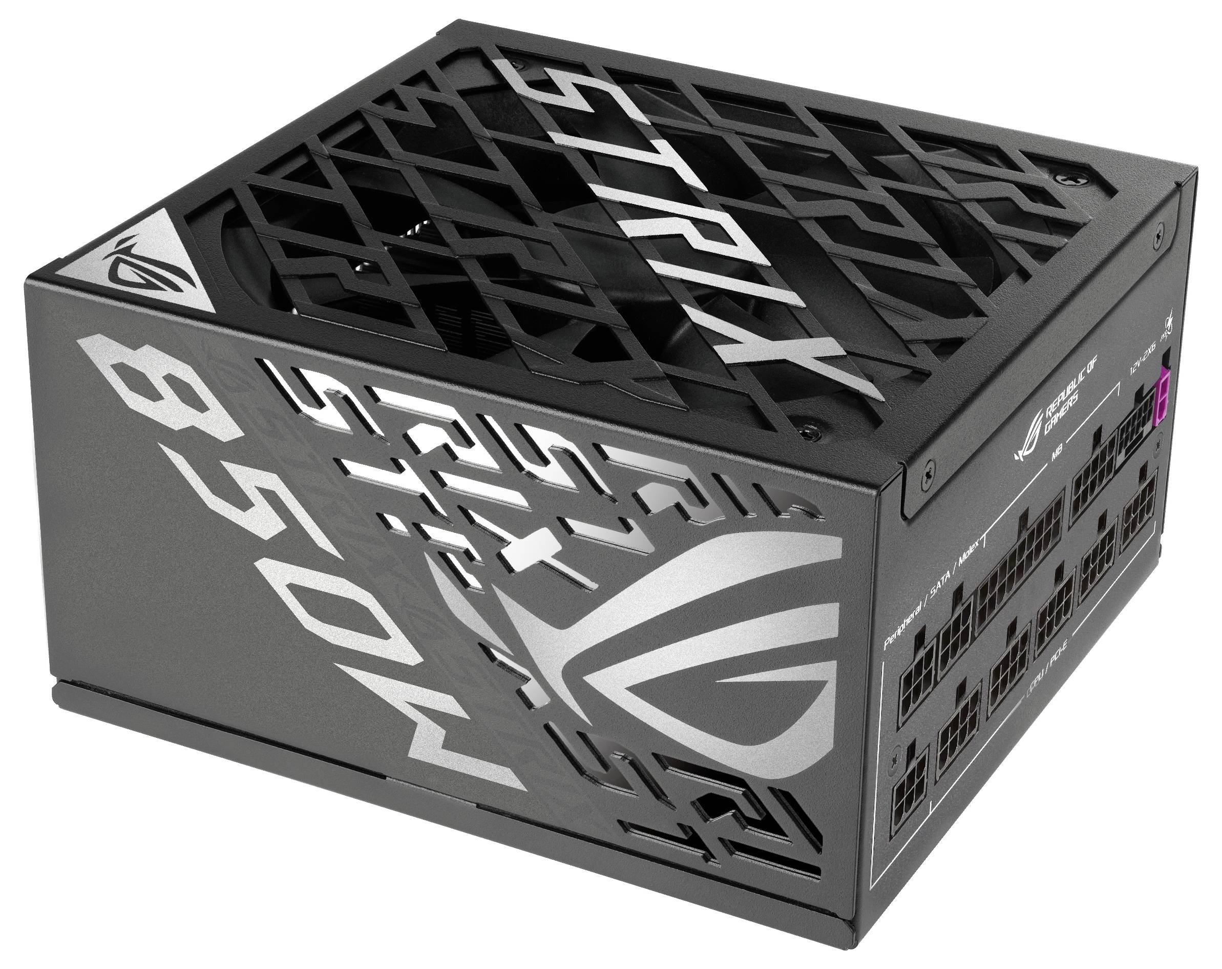 Schwarzes PC-Netzteil mit weißem Schriftzug und Logo auf der Oberseite. Mehrere Anschlüsse sind an der Seite sichtbar.