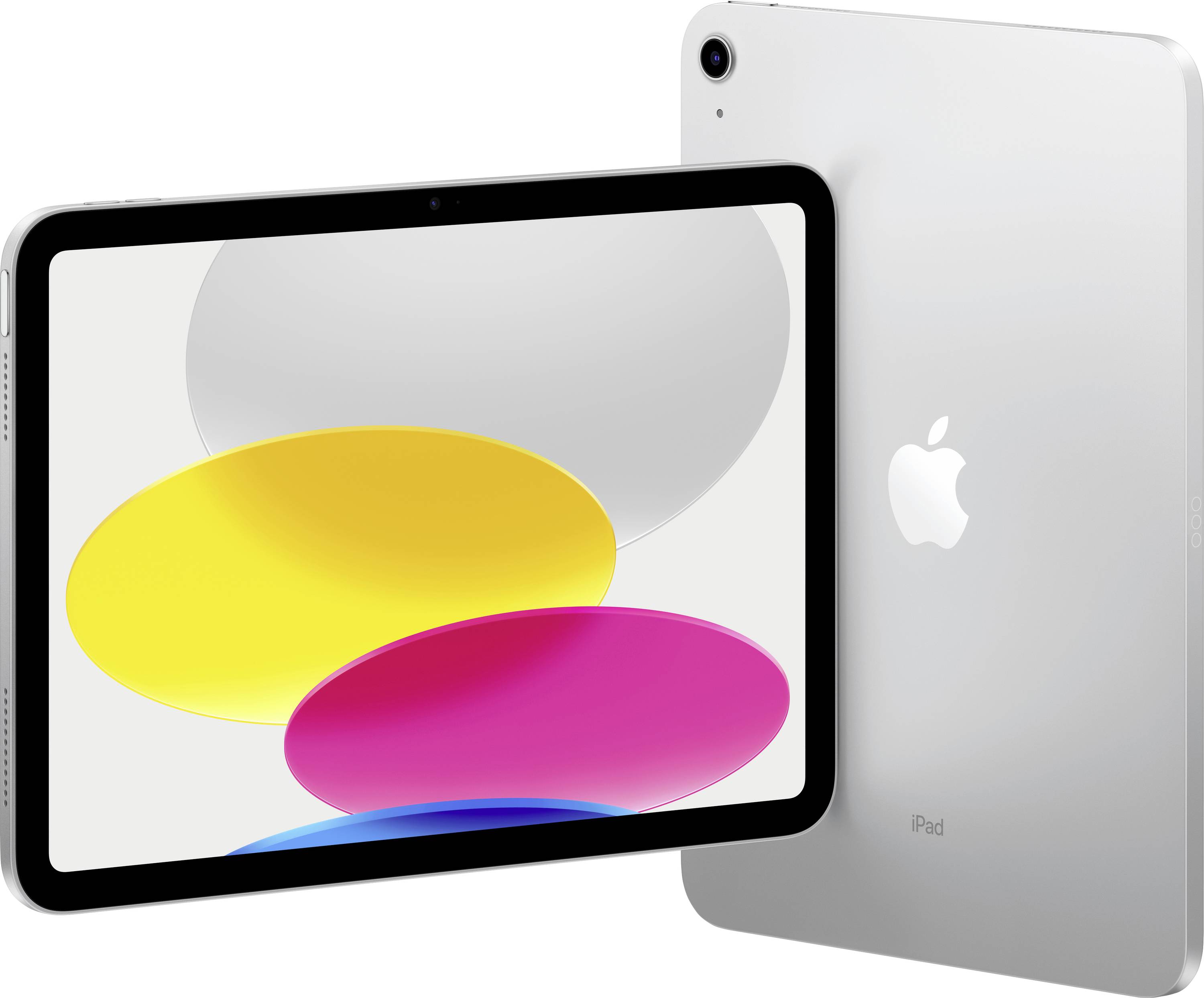 Ein silbernes Tablet-Display zeigt bunte, überlappende Kreise in Gelb, Rosa und Blau. Daneben die Rückseite des Tablets mit einem Apfel-Logo.
