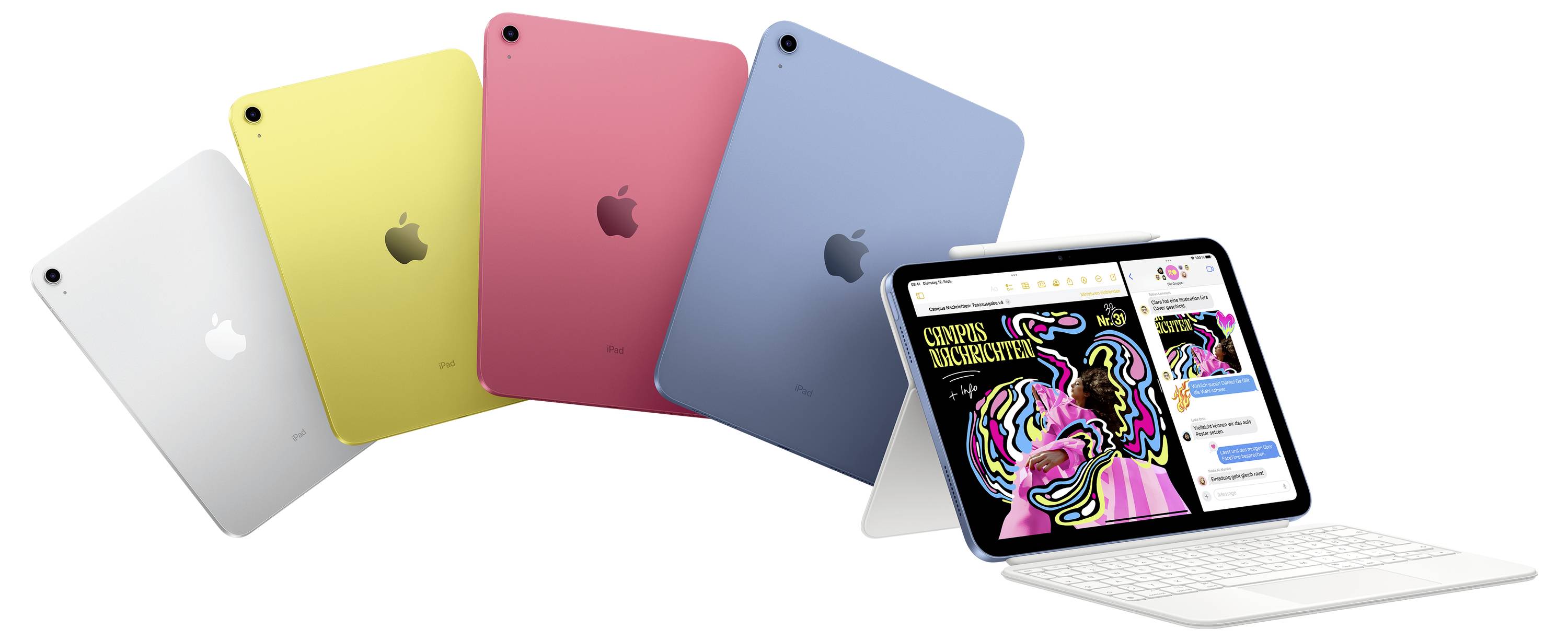 Fünf iPads in verschiedenen Farben: Silber, Gelb, Rot, Blau und ein iPad mit Hülle und Tastatur, zeigt bunte Grafiken auf dem Bildschirm.