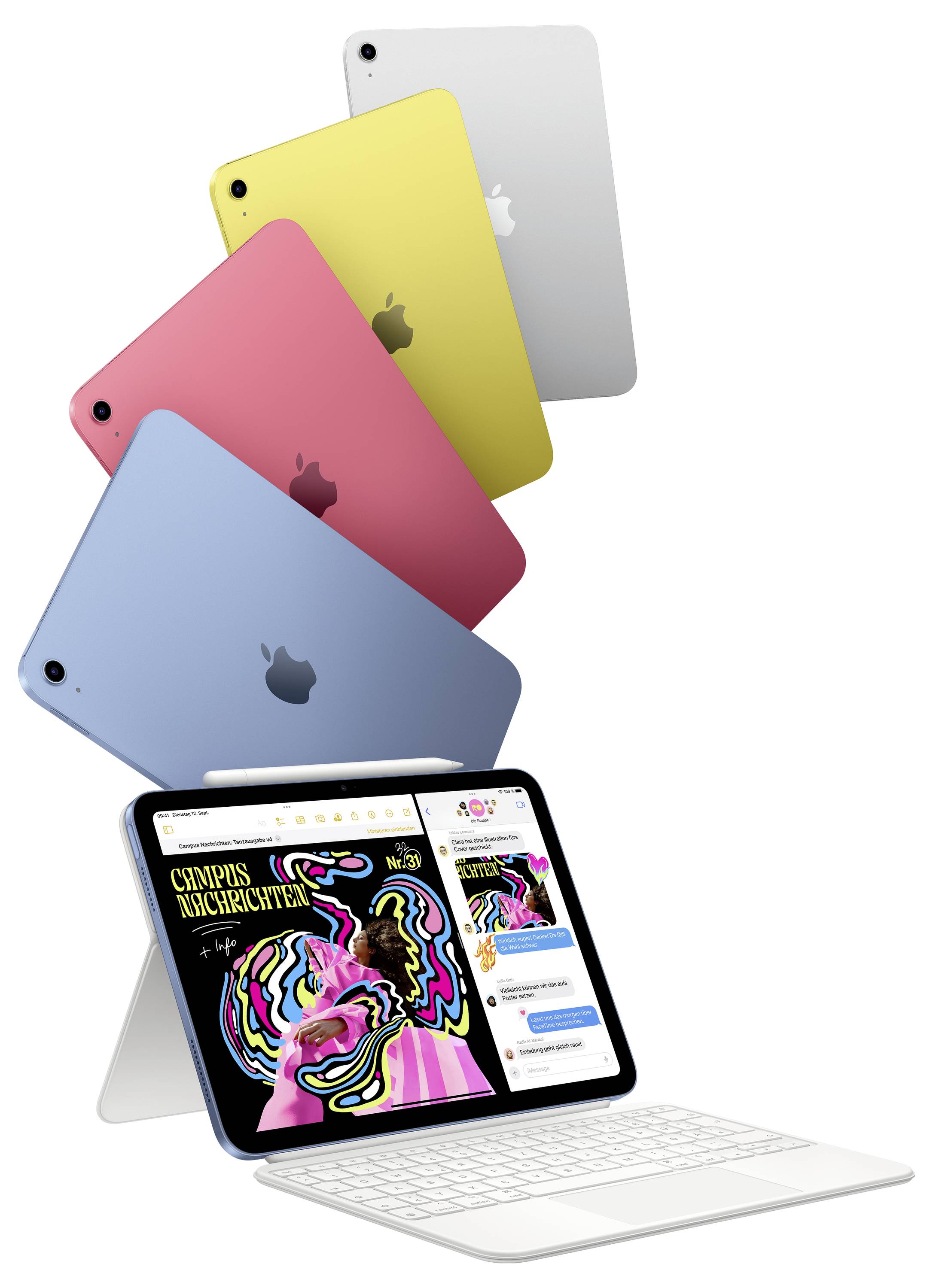 Gestapelte iPads in verschiedenen Farben hinter einem aufrechte iPad mit Tastatur, das Nachrichten anzeigt.