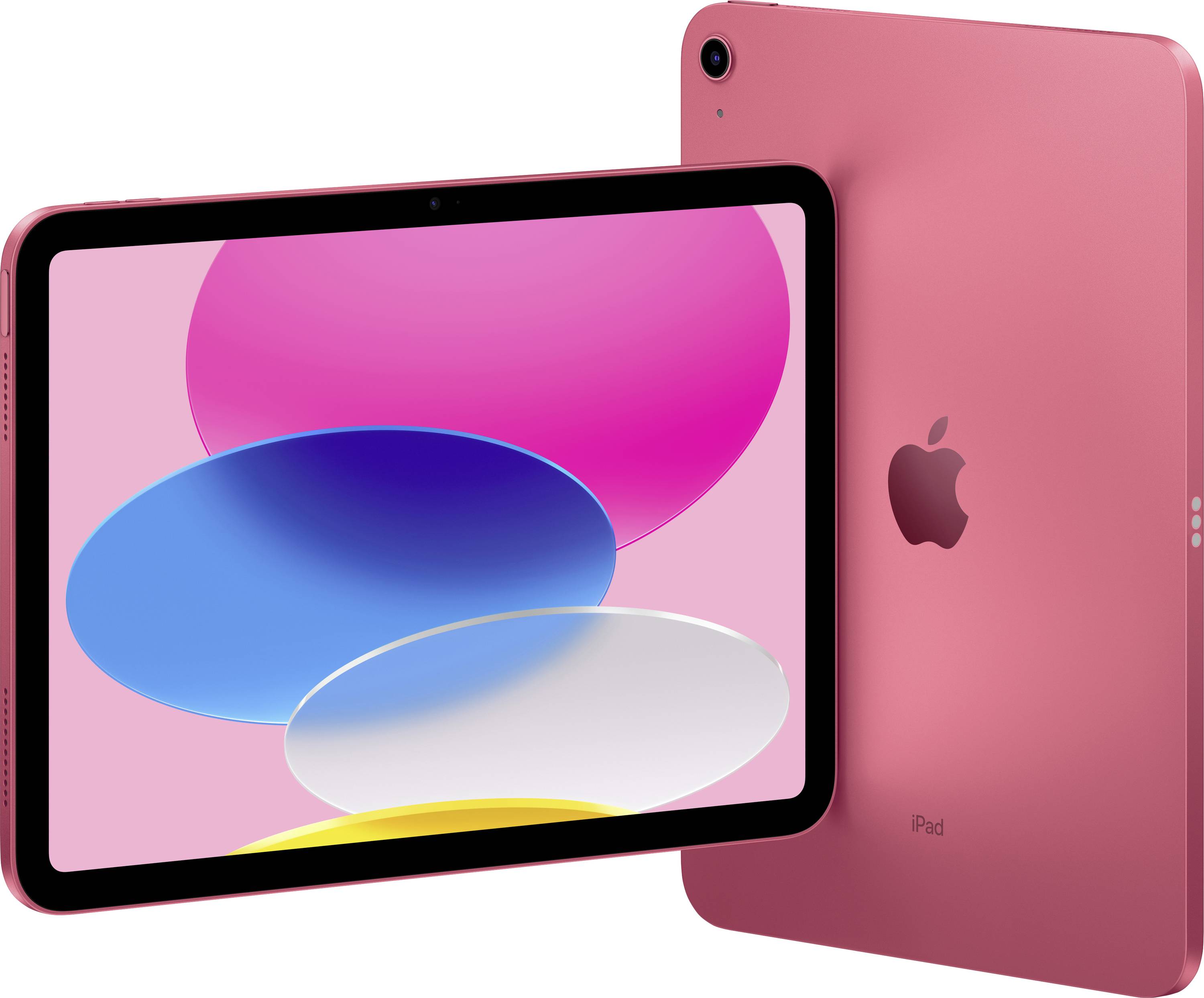 Ein rosafarbenes Tablet mit abgerundeten Ecken und der Marke Logo auf der Rückseite. Vorderansicht zeigt den bunten Bildschirm.