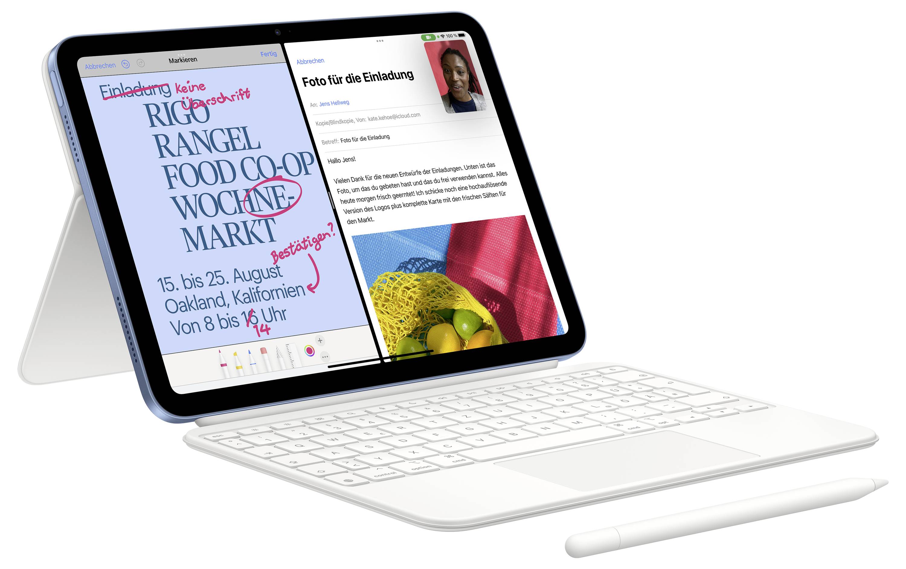 Ein Tablet mit geteiltem Bildschirm zeigt links handschriftlich 'Rigo Rangel Food Co-op Wochenmarkt', rechts eine Notiz-App.