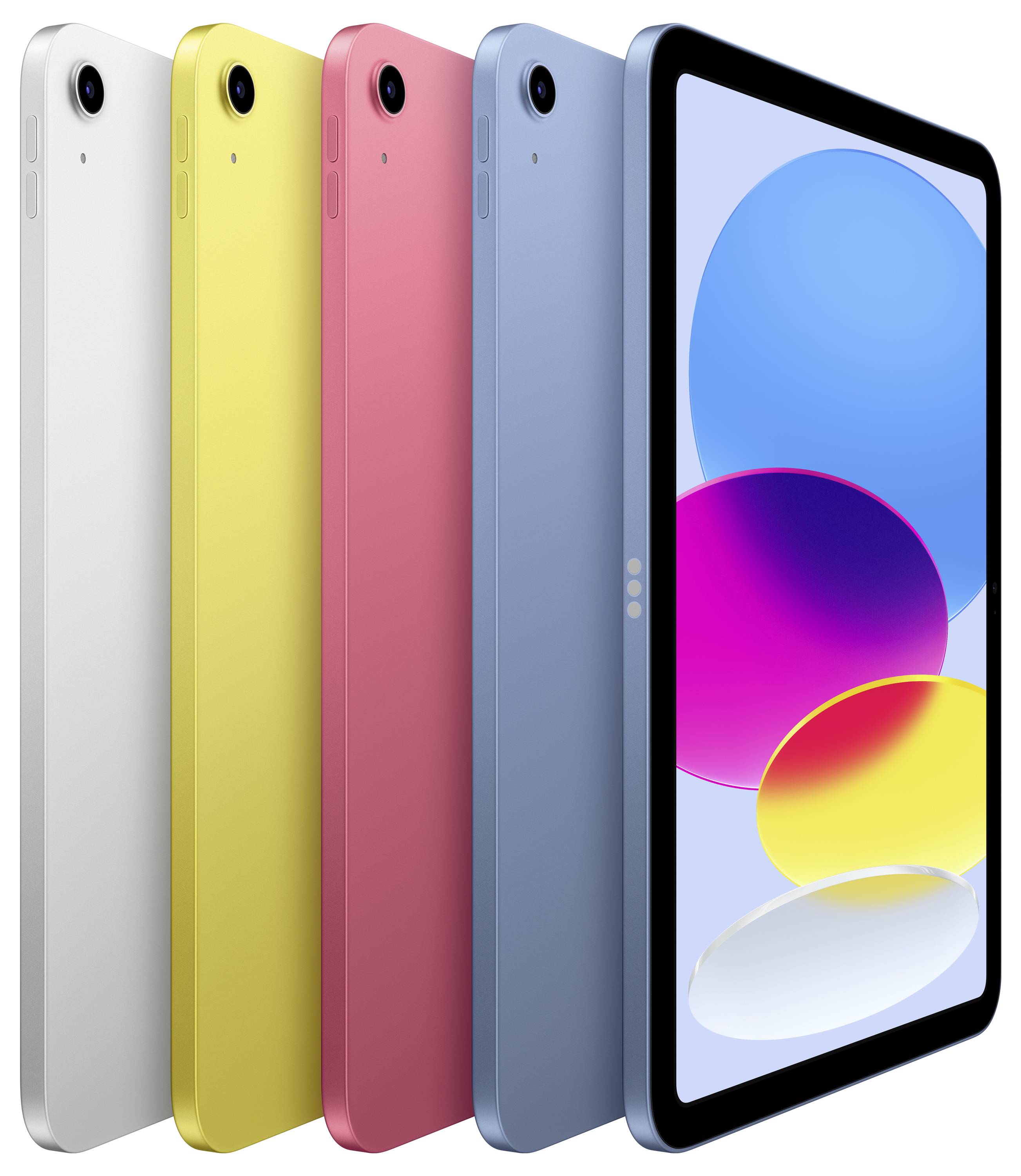 Fünf Tablets in den Farben Silber, Gelb, Pink, Blau und Grau in einer Reihe, mit einem gestapelten Design, auf weißem Hintergrund.