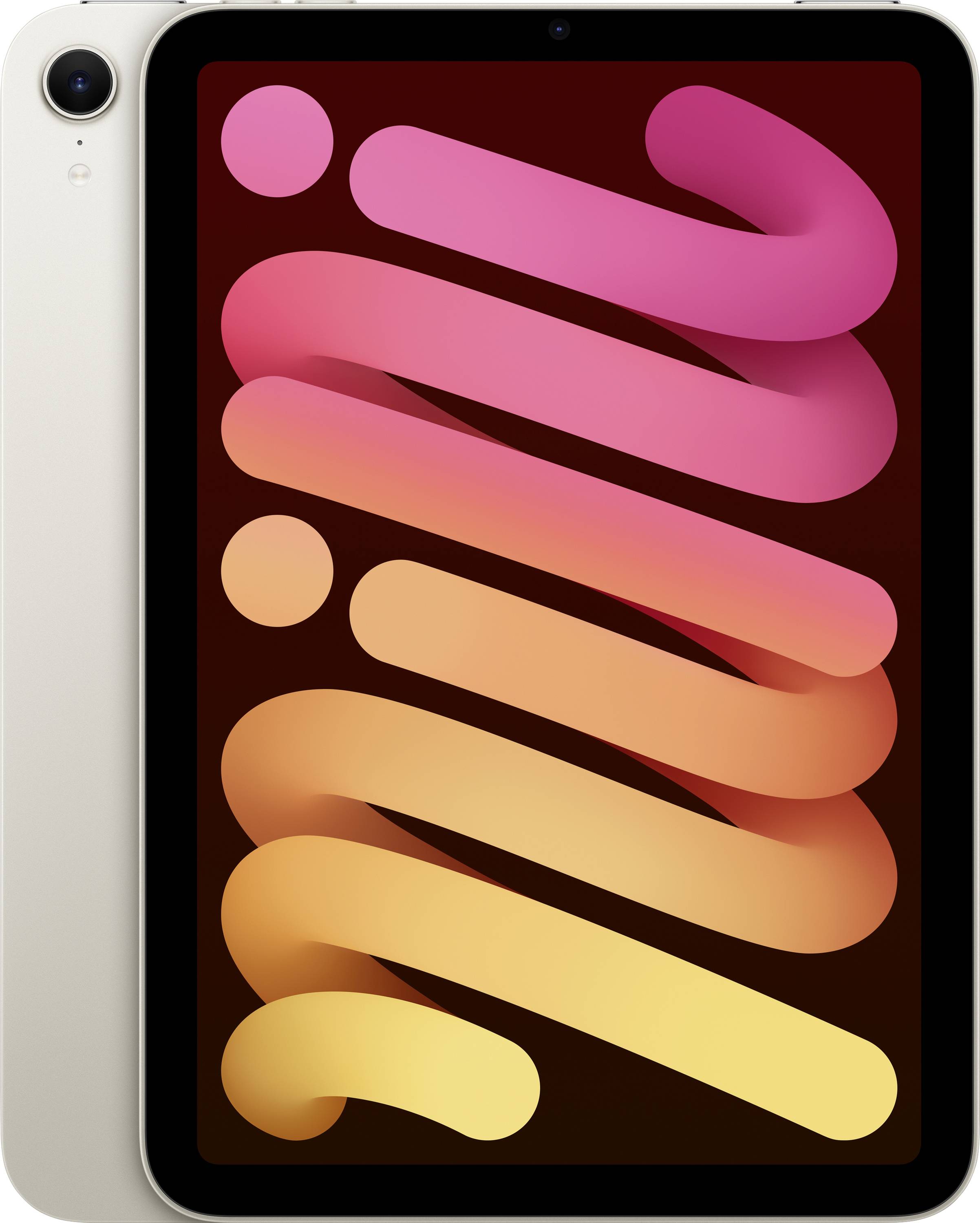 Tablet mit Display, das abstrakte, bunte Wellenmuster in Rosa, Orange und Gelb zeigt, Hauptknopf nicht sichtbar.
