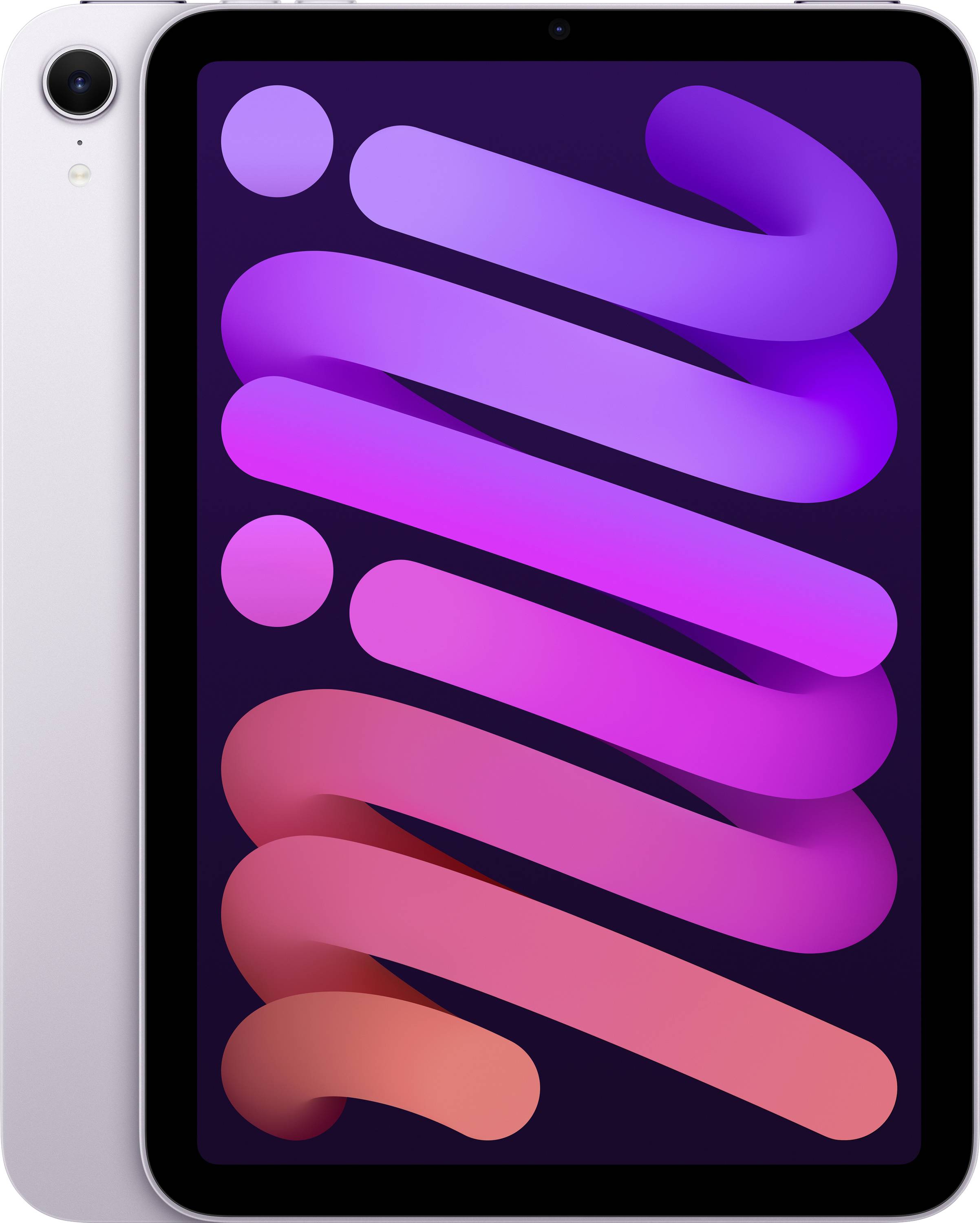 Ein modernes Tablet mit einem bunten, abstrakten Hintergrundbild in Lila und Orange. Es zeigt ein schlankes, elegantes Design.