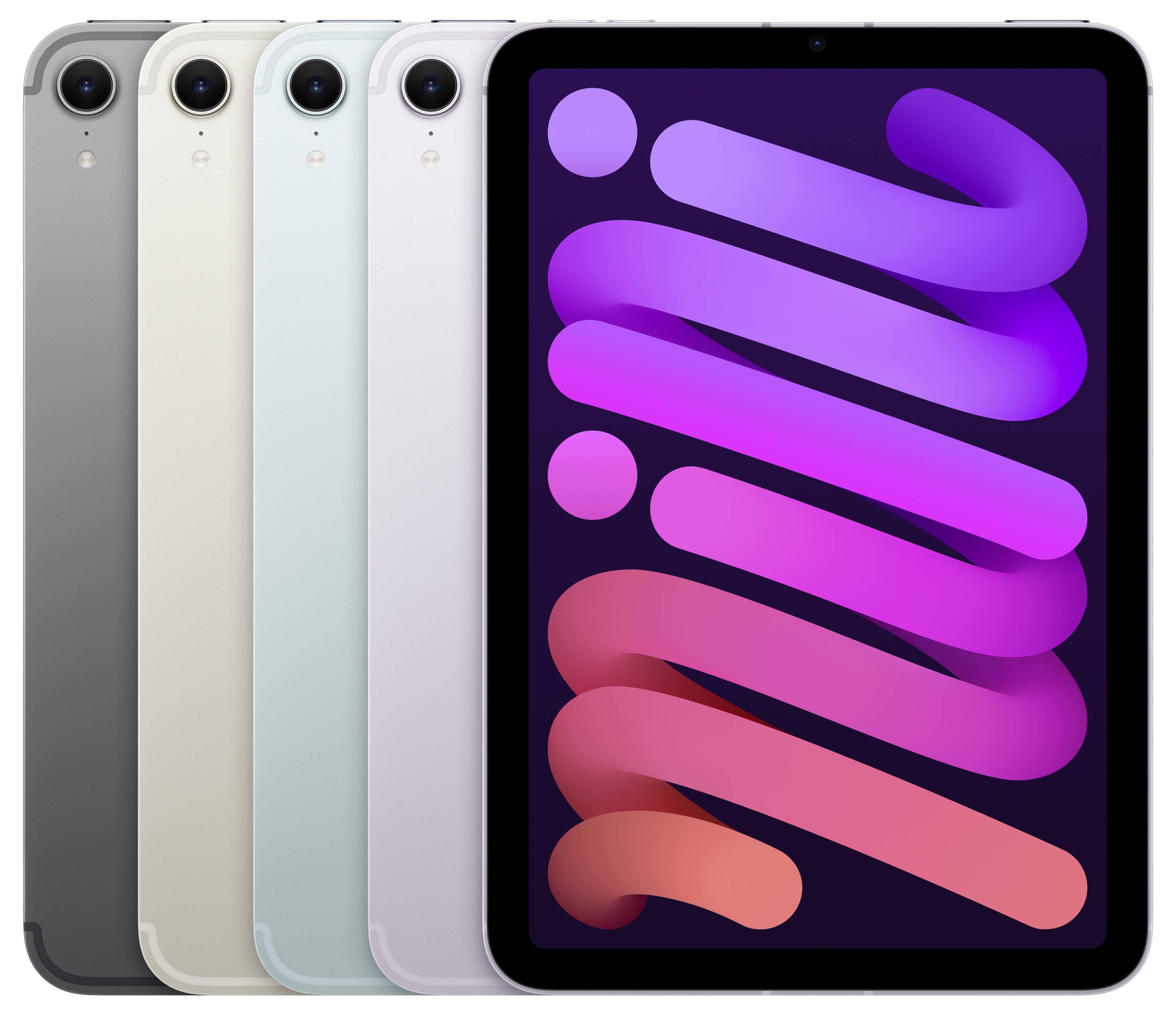 Fünf Tablets in verschiedenen Farben nebeneinander. Auf einem Bildschirm steht das Wort 'mini' in bunten Schattierungen.