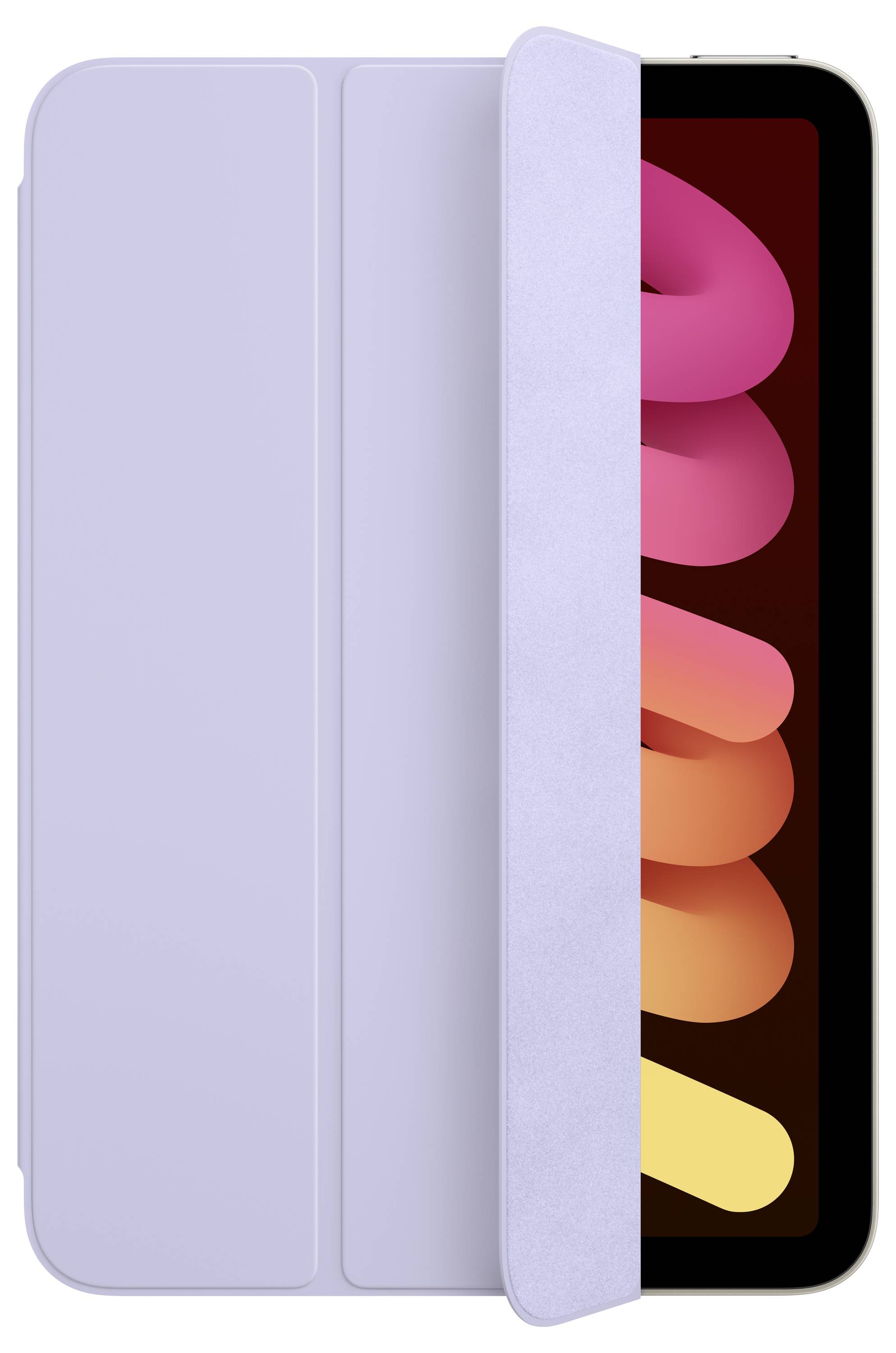 Eine Tablet-Hülle in Pastell-Lila, halb geöffnet, enthüllt ein Tablet mit einem bunten Bildschirm.