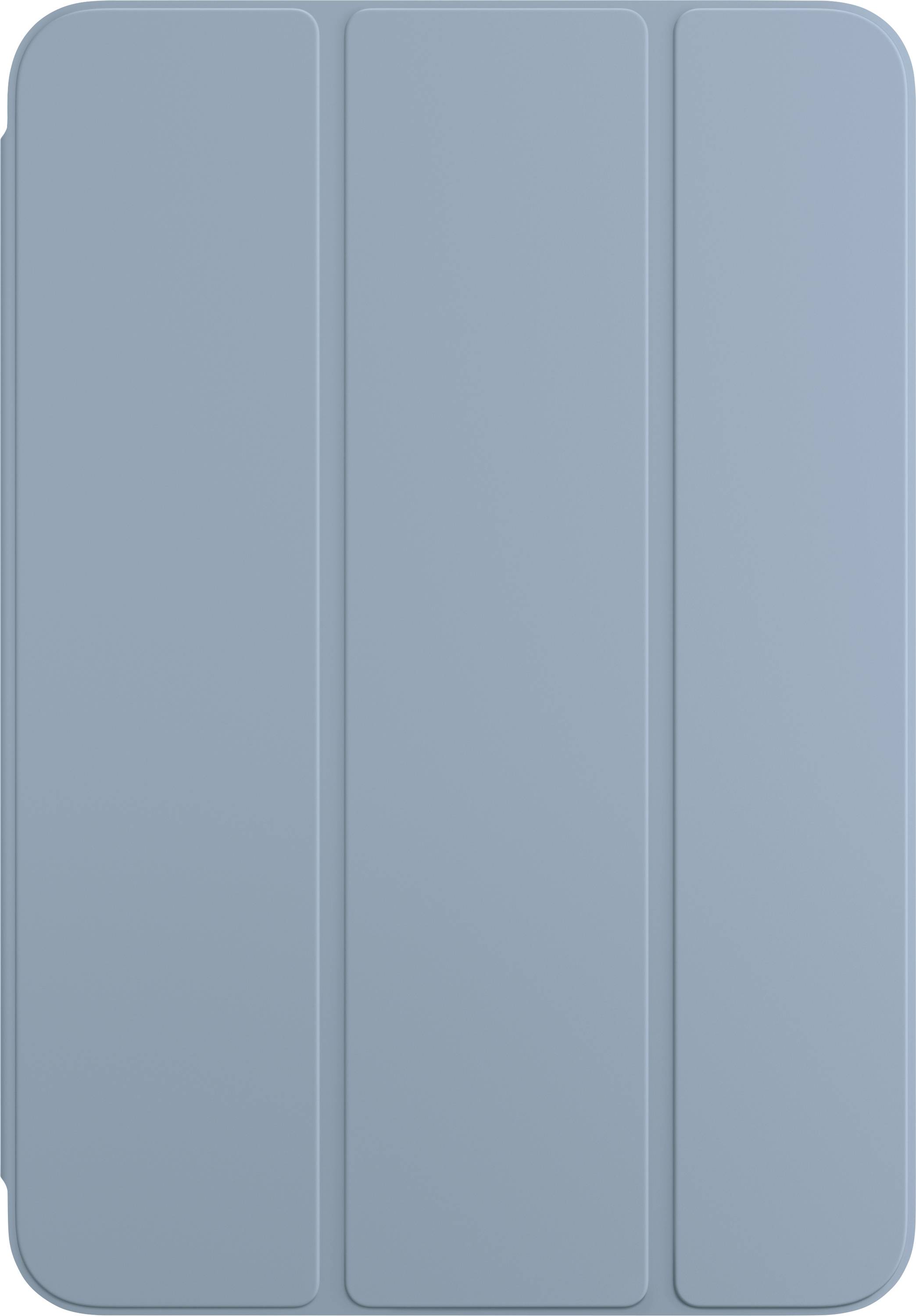 Eine graublaue Tablet-Hülle mit drei sichtbaren Falten zur flexiblen Aufstellung.