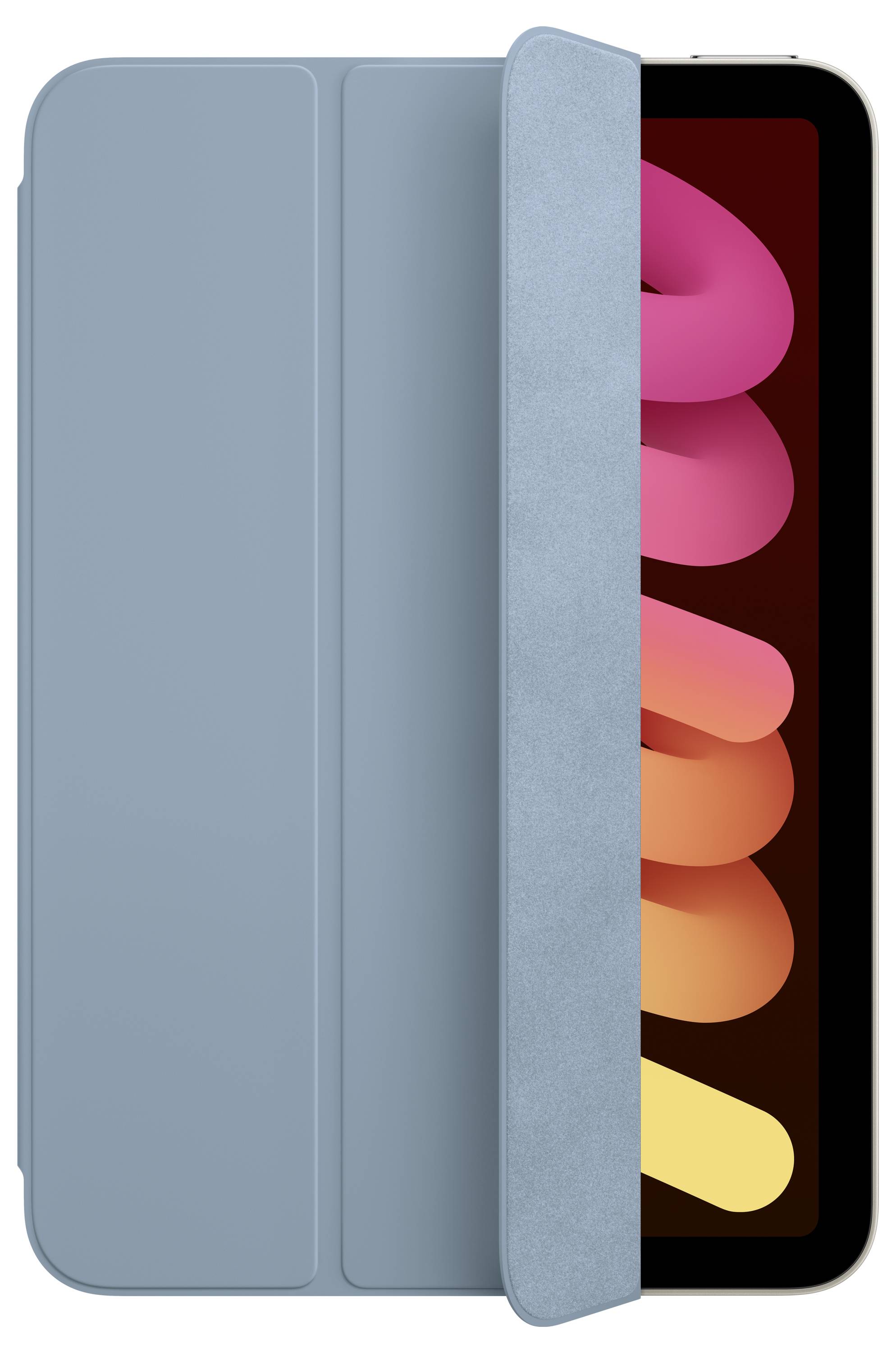 Tablet mit blauem Cover leicht geöffnet, zeigt leuchtendes Display mit abstraktem Farbverlauf in Pink und Orange.