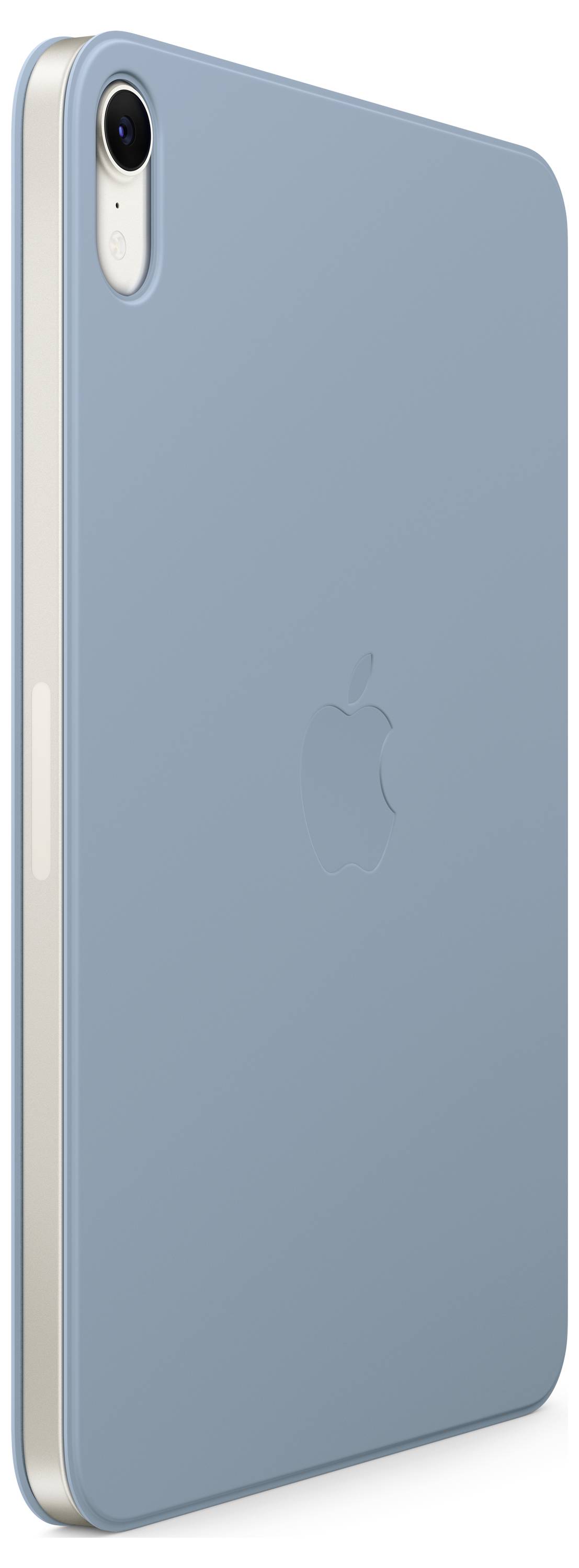 Rückansicht eines blauen Smartphones mit Kameralinse oben links und Apple-Logo in der Mitte. Das Gehäuse hat abgerundete Kanten.