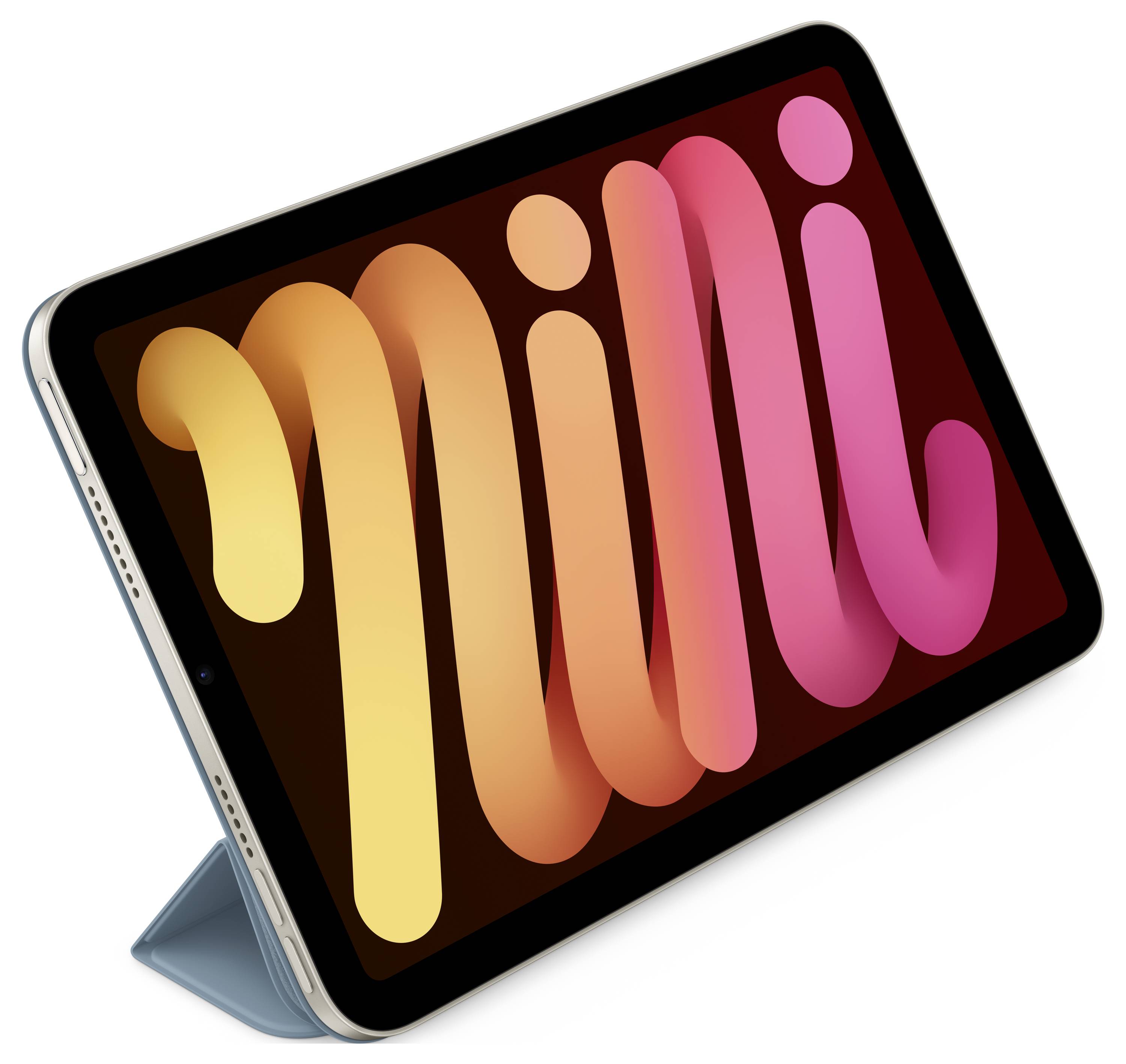 Tablet in Schutzhülle mit Display, das das Wort 'mini' in großen, bunten Buchstaben zeigt, steht schräg auf einem weißen Hintergrund.