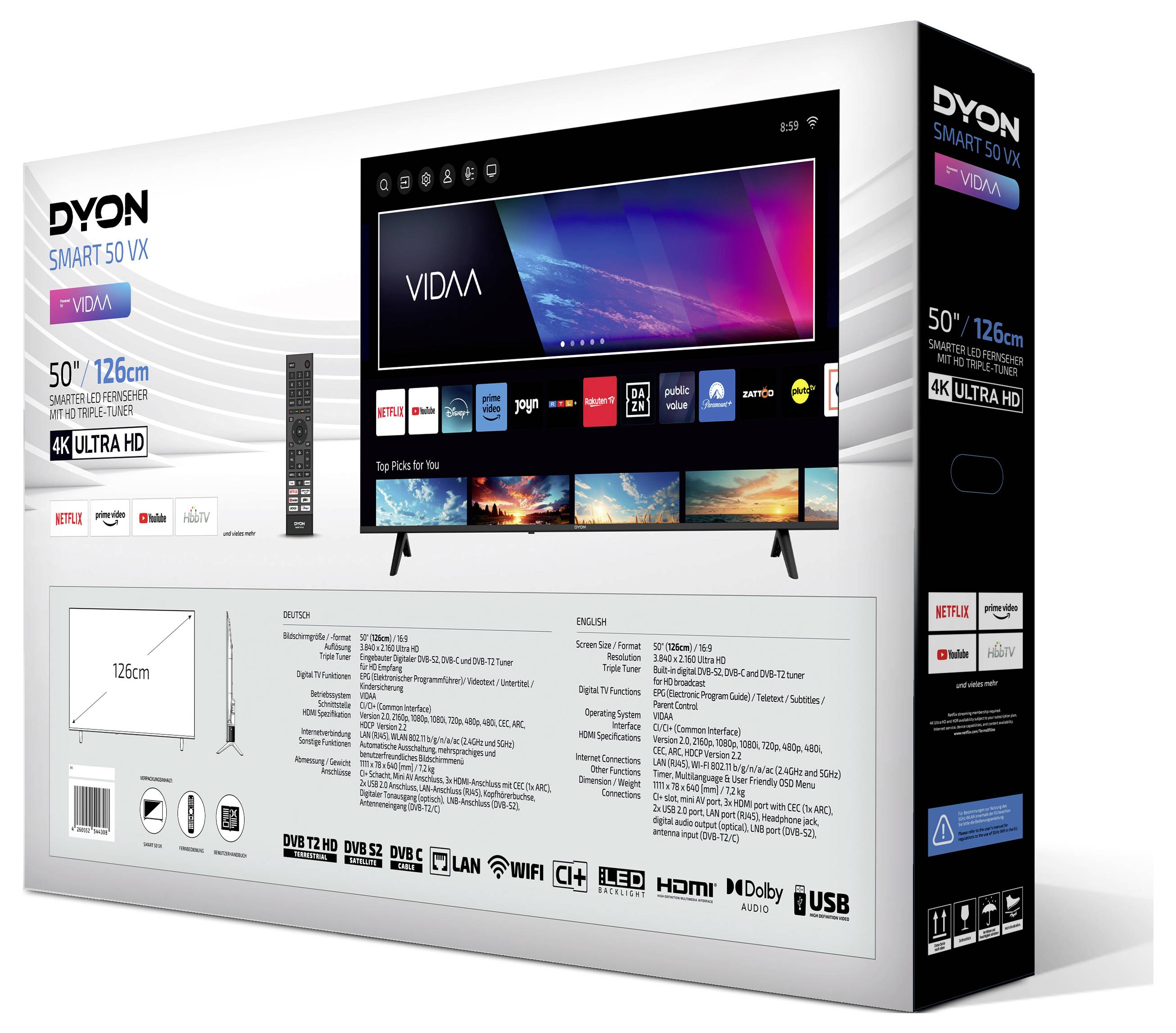 Dyon Smart 50 VX LED-TV 126cm 50 Zoll EEK F (A - G) DVB-T2, DVB-C, DVB-S2, UHD, Smart TV, WLAN, CI+ Schwarz