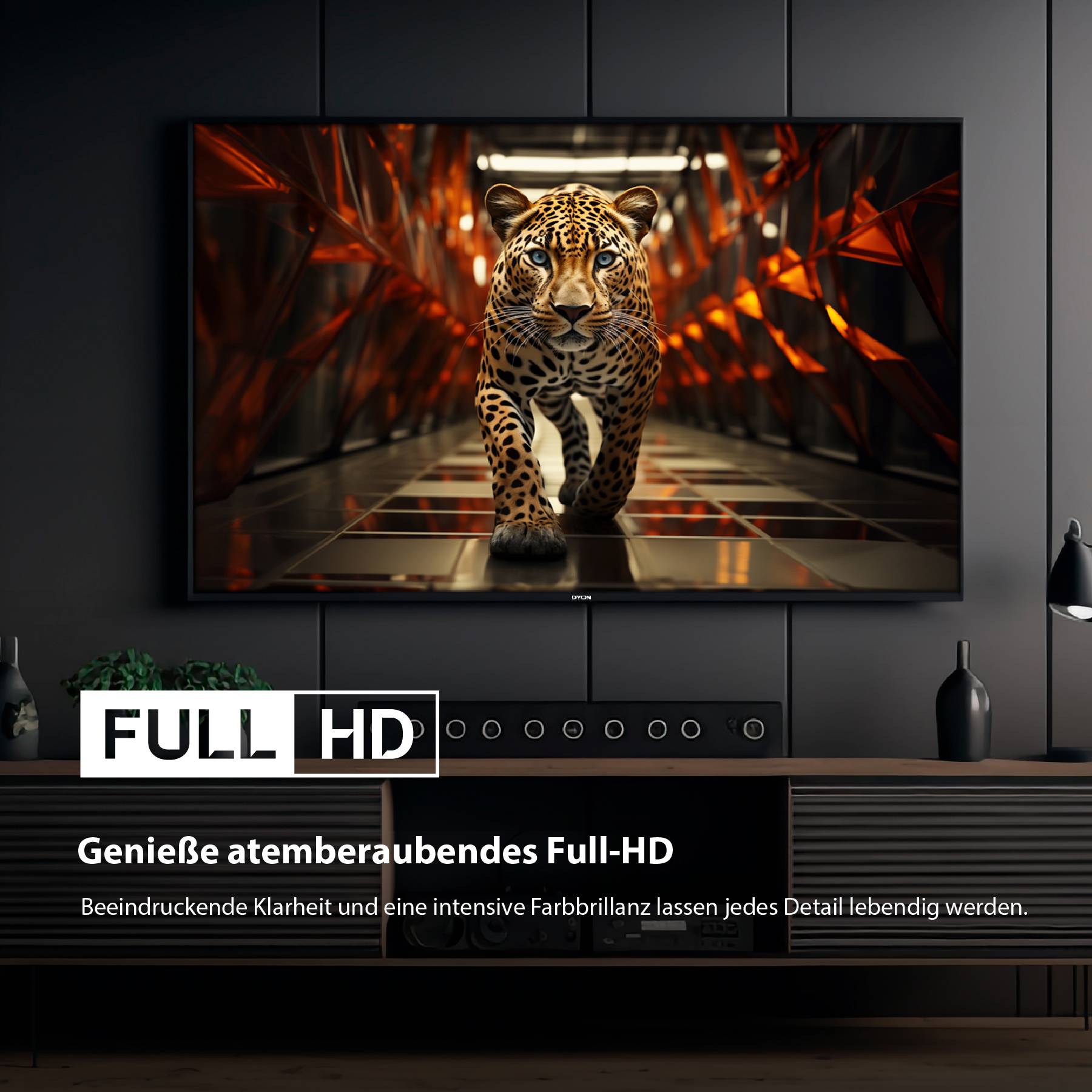 Ein schickes modernes Wohnzimmer mit einem Fernseher, auf dem ein realistisches Bild eines Leoparden in lebendigen Farben zu sehen ist. Der Text liest sich „Full HD