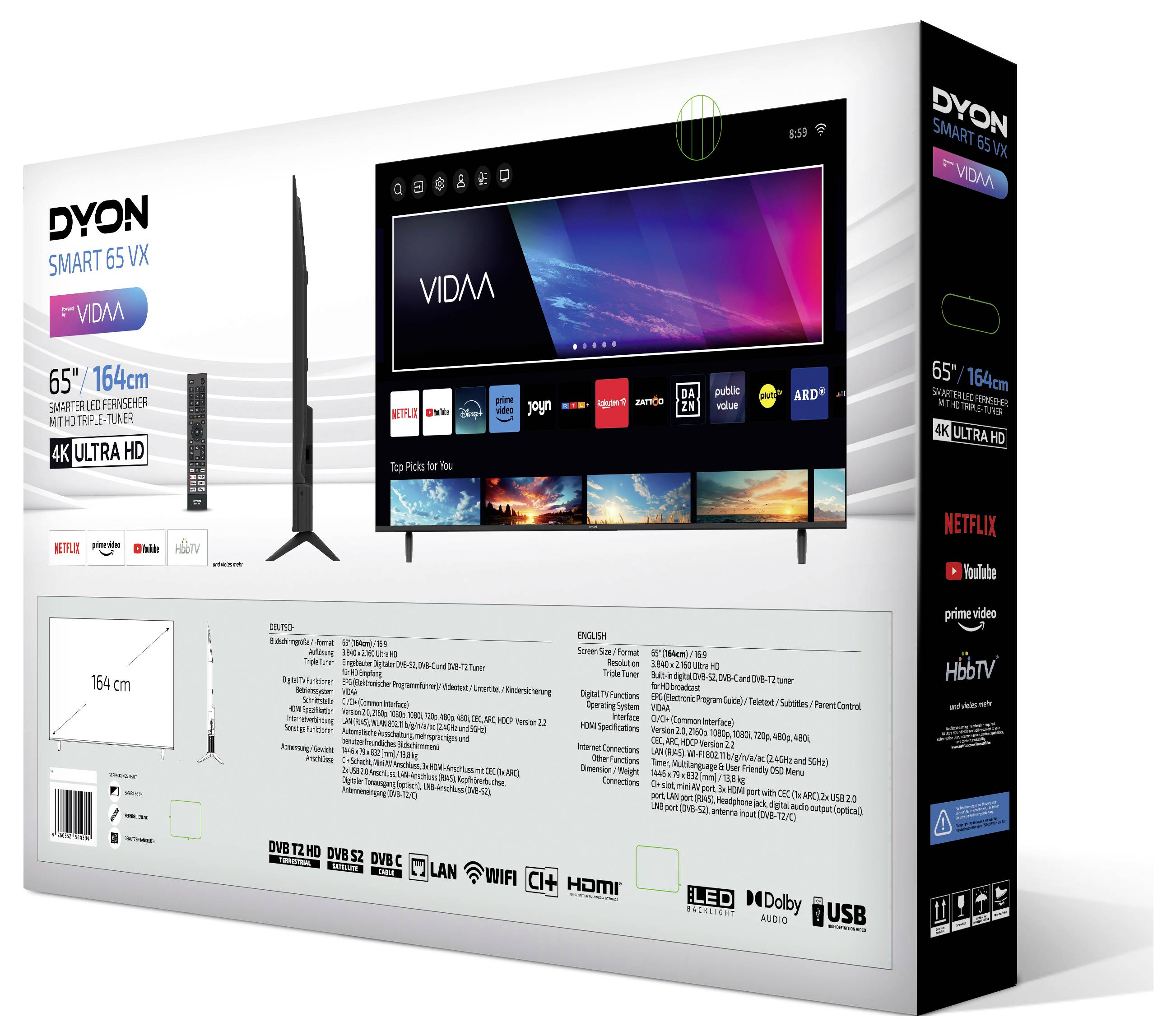 Dyon Smart 65 VX LED-TV 164cm 65 Zoll EEK F (A - G) DVB-T2, DVB-C, DVB-S2, UHD, Smart TV, WLAN, CI+ Schwarz