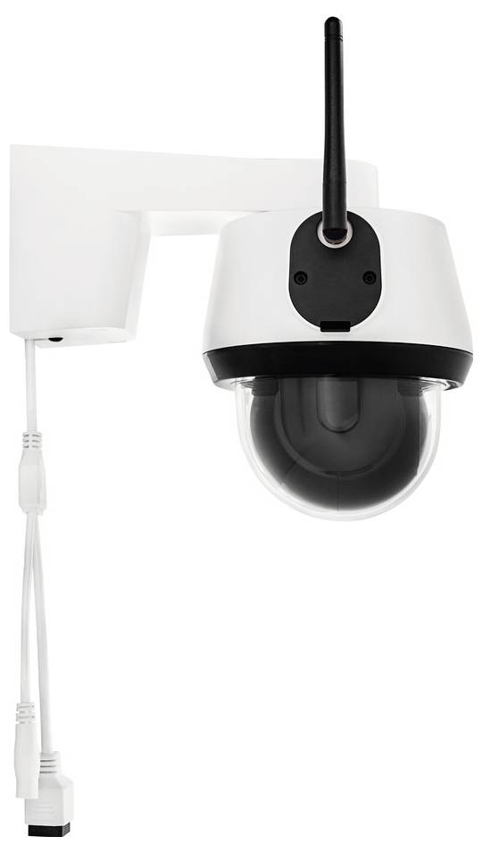 Überwachungskamera mit Antenne, an der Wand montiert, zeigt nach unten. Strom- und Datenkabel hängen frei.