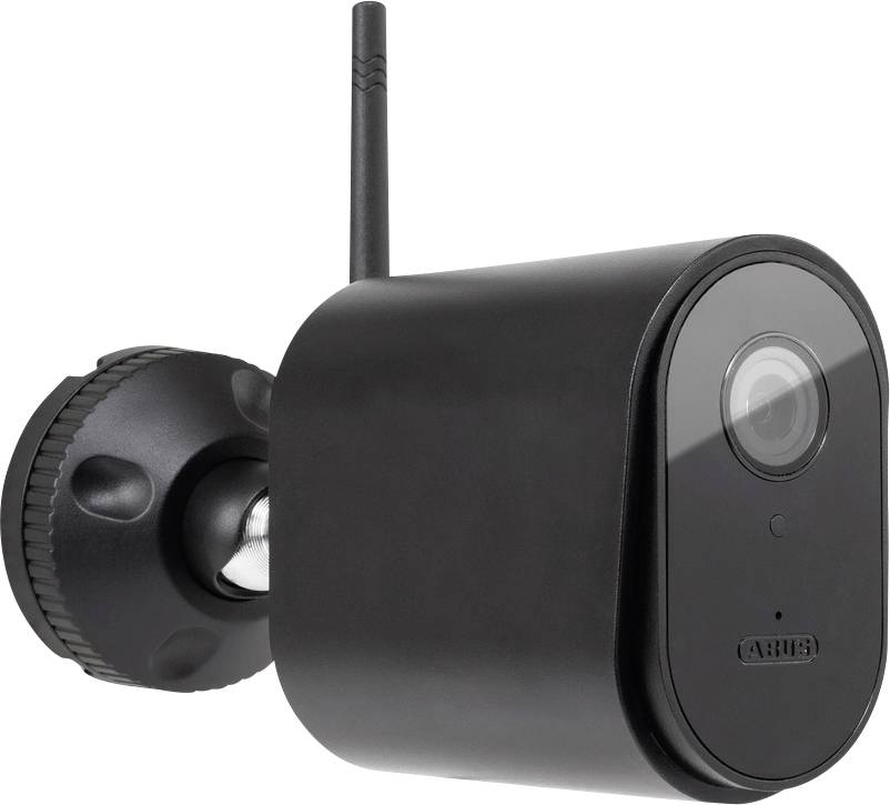 Eine schwarze Überwachungskamera mit Antenne, montiert an einer Wandhalterung.