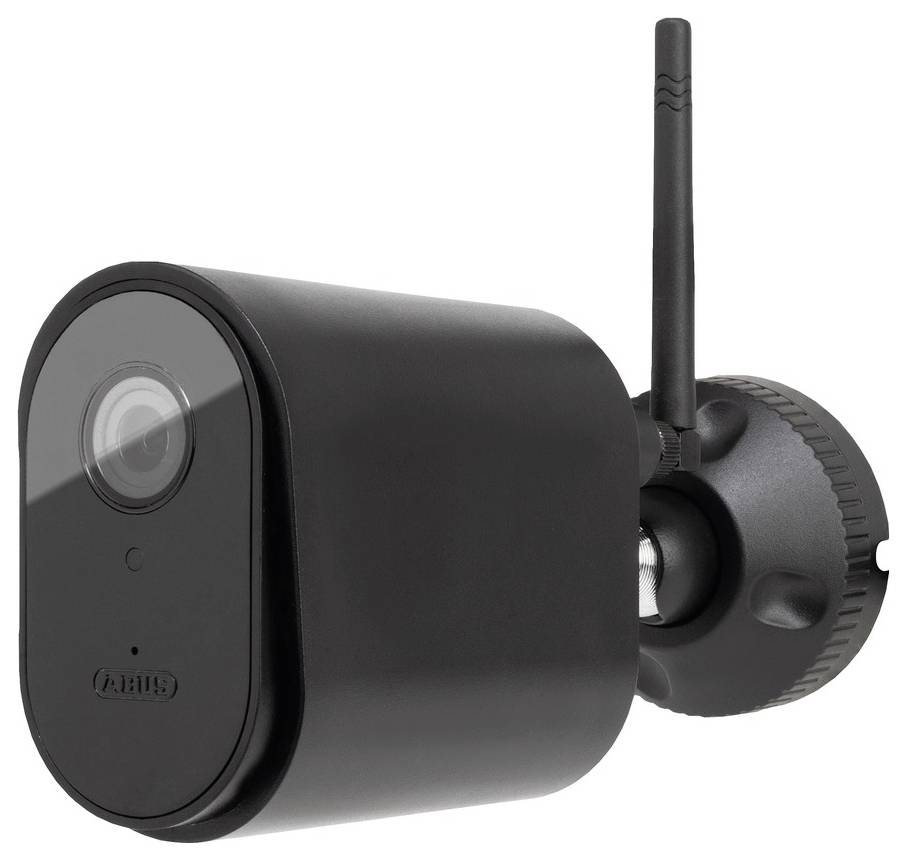 Schwarze Überwachungskamera mit WLAN-Antenne, seitlich montiert.