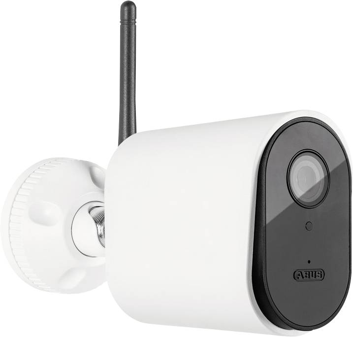 Weiße Sicherheitskamera mit schwarzem Frontpanel und Antenne, an einer Wandhalterung montiert.