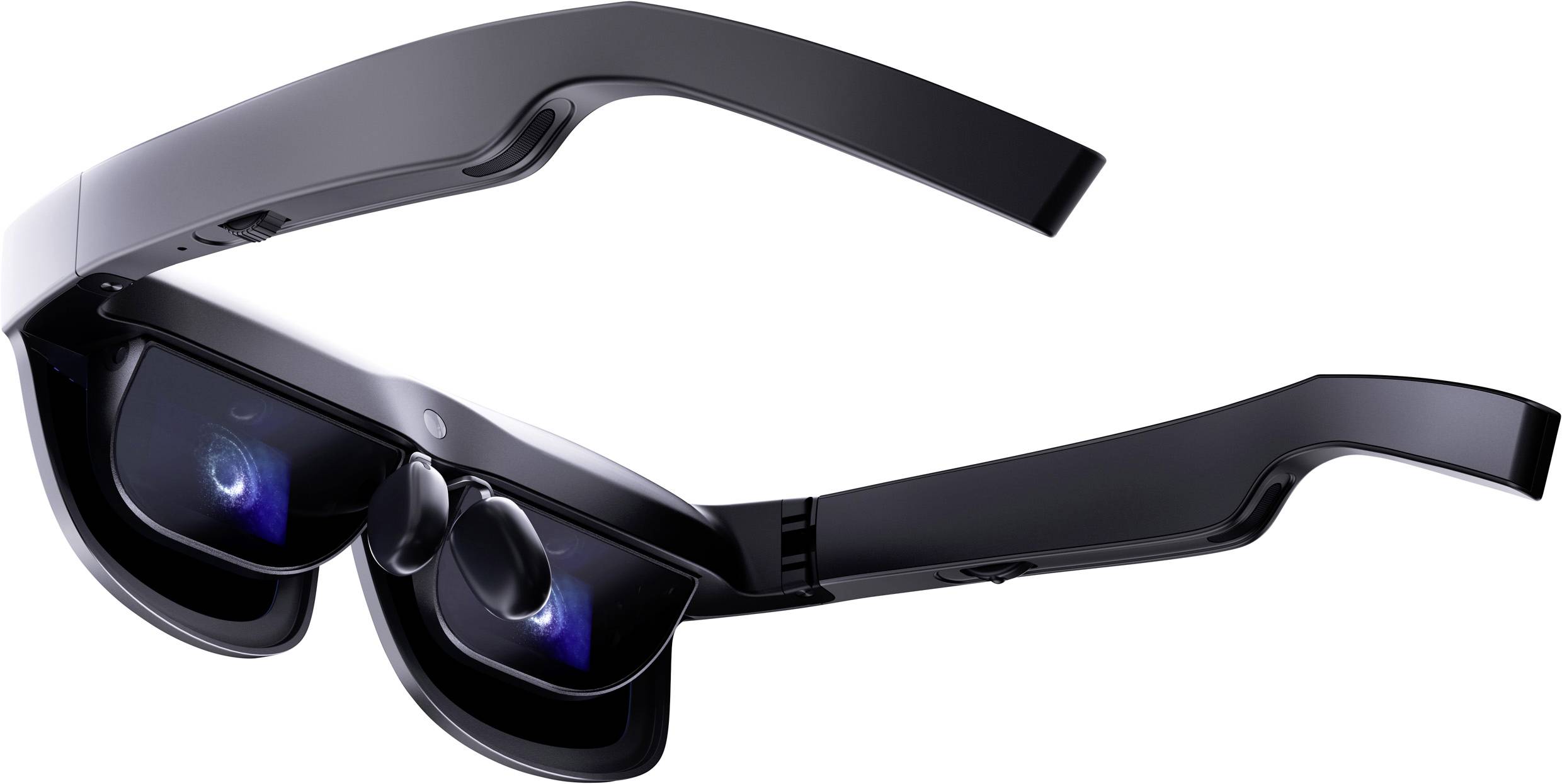 Eine futuristische AR-Brille mit klaren Gläsern und schwarzen Rahmen, die fortschrittliche Technologien für erweiterte Realität zeigt.