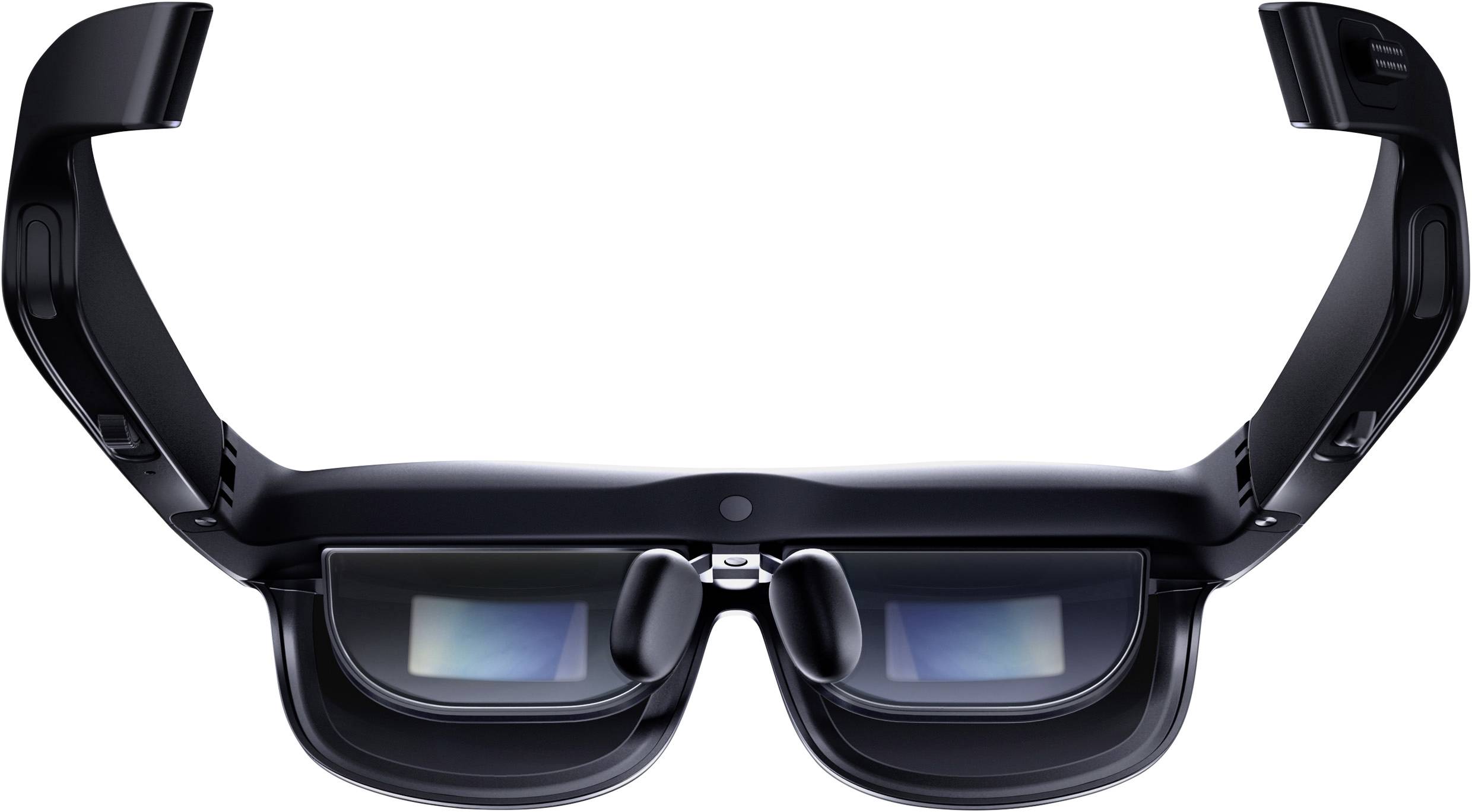 Eine schwarze AR-Brille mit transparenten Linsen und technischem Design. Sie bietet erweiterte Realität für interaktive Erlebnisse.