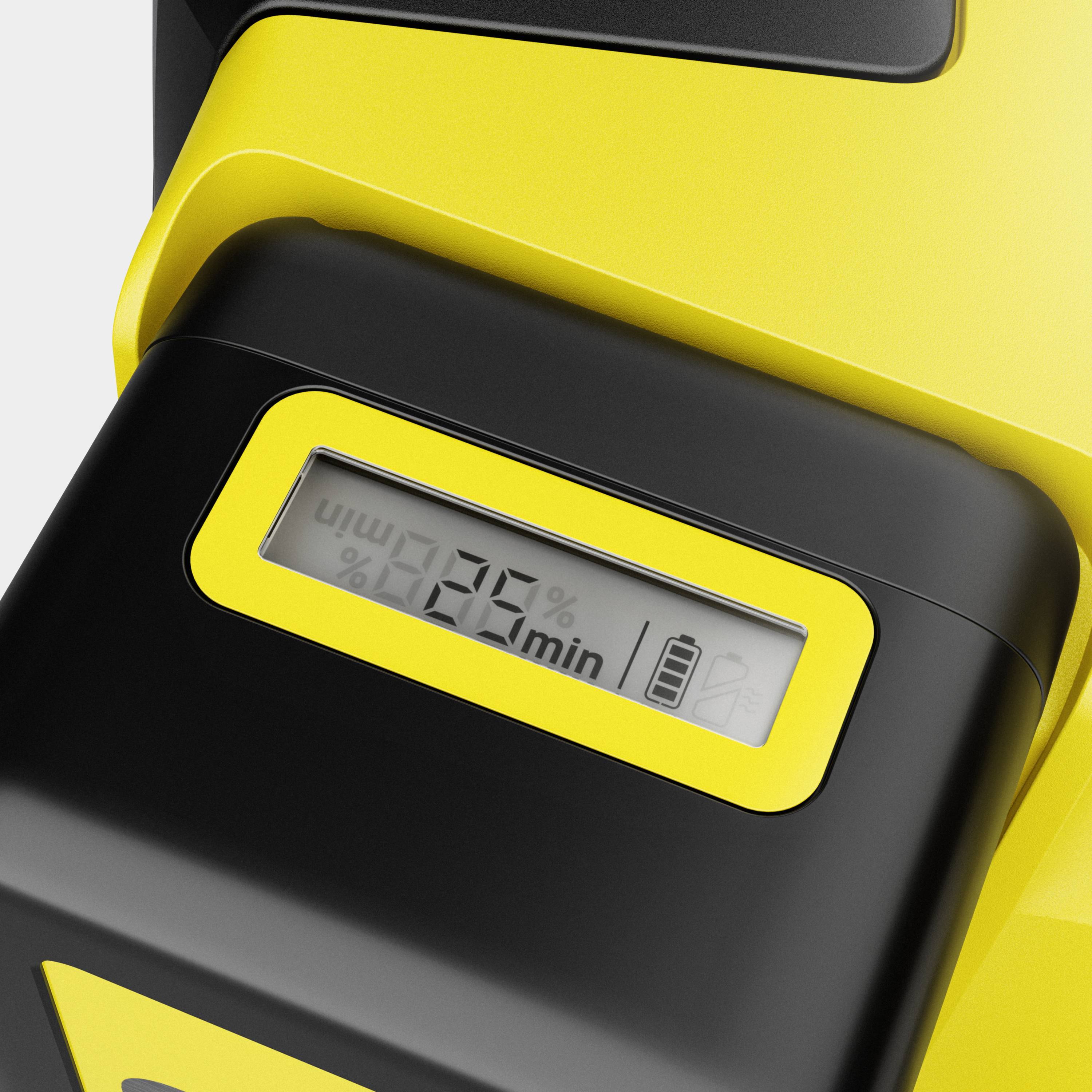 Ein digitales Display zeigt eine verbleibende Akkuzeit von 75 Minuten an, auf einem gelben Hintergrund.