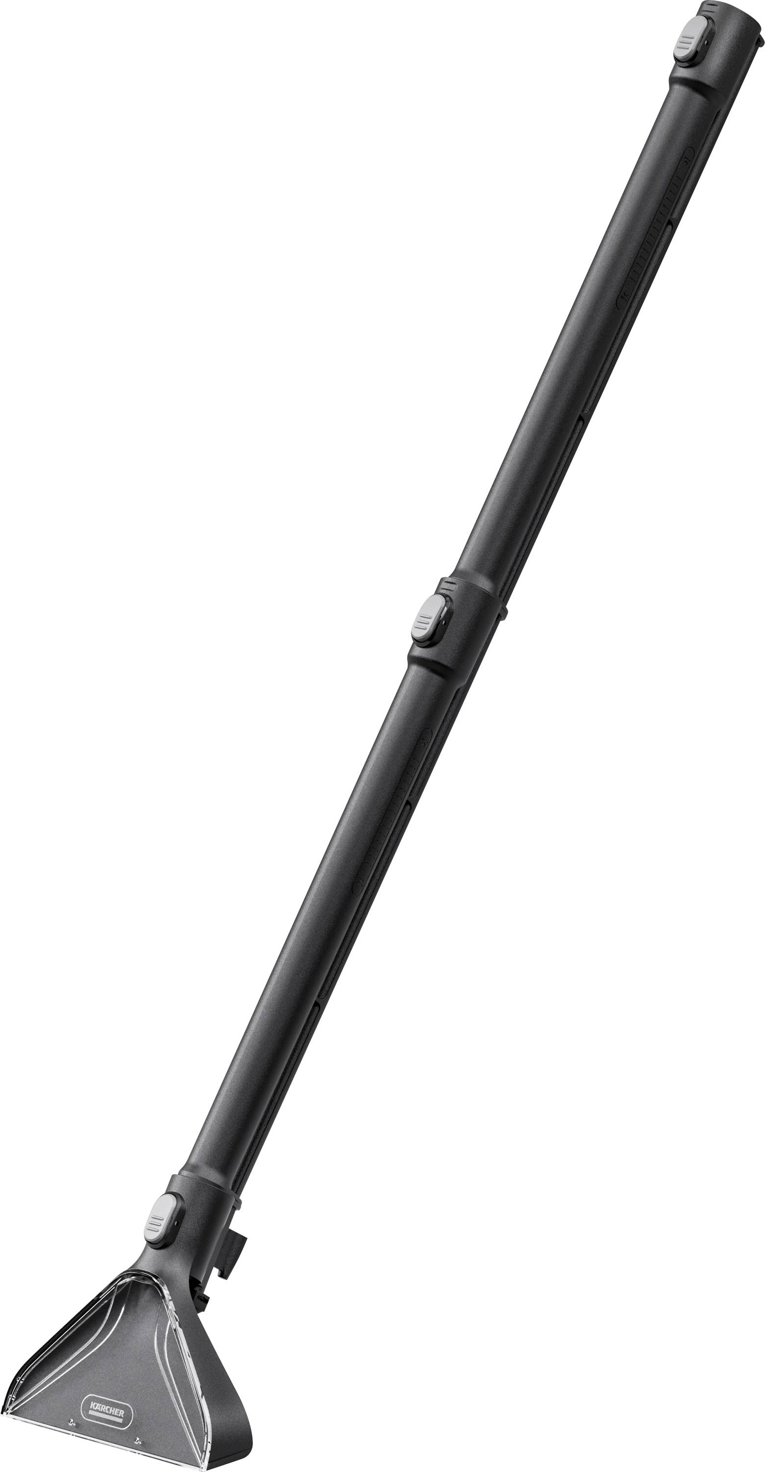 Ein schwarzes Staubsauger-Zubehör, vermutlich eine Düse mit langem Rohr, geeignet zum Reinigen von Ecken und schwer erreichbaren Stellen.