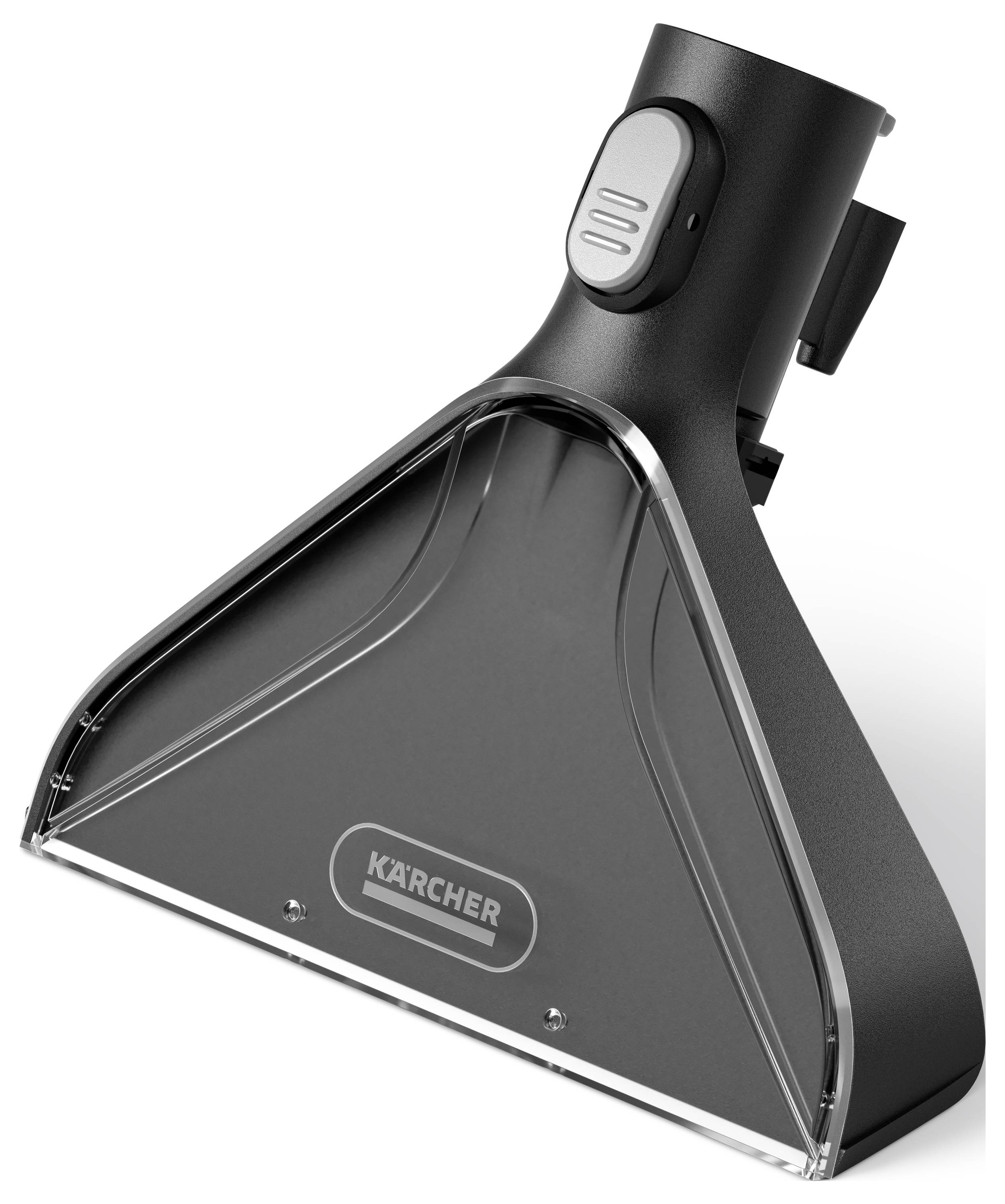 Ein schwarzes Teppichsaugdüsenaufsatz mit dem 'Kärcher'-Logo in der Mitte, geeignet für Staubsauger, um Teppiche effizient zu reinigen.