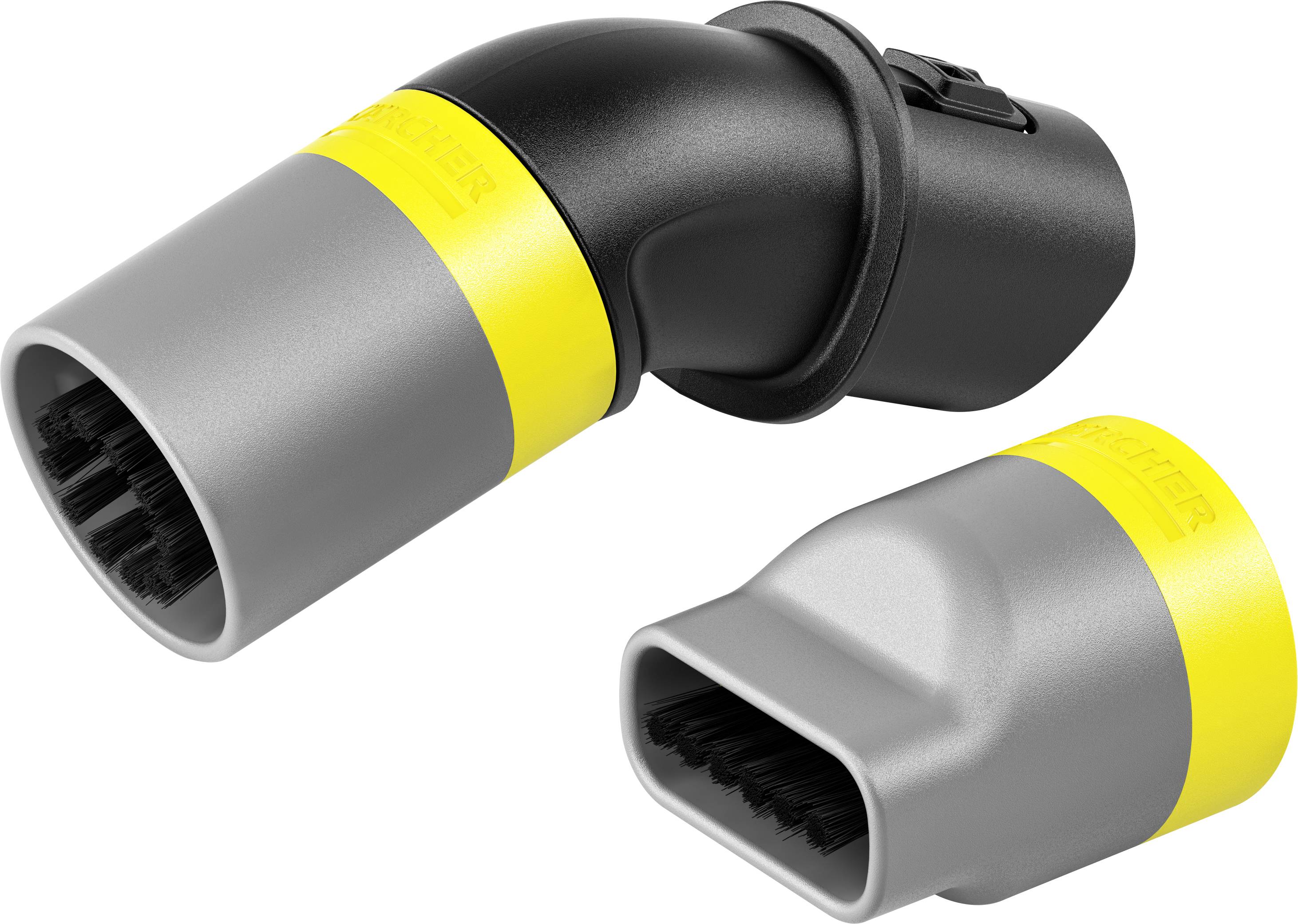 Zwei graue und gelbe Staubsaugerbürstenaufsätze, einer gewinkelt, der andere gerade. Sie sind für die Reinigung von schwer zugänglichen Bereichen geeignet.