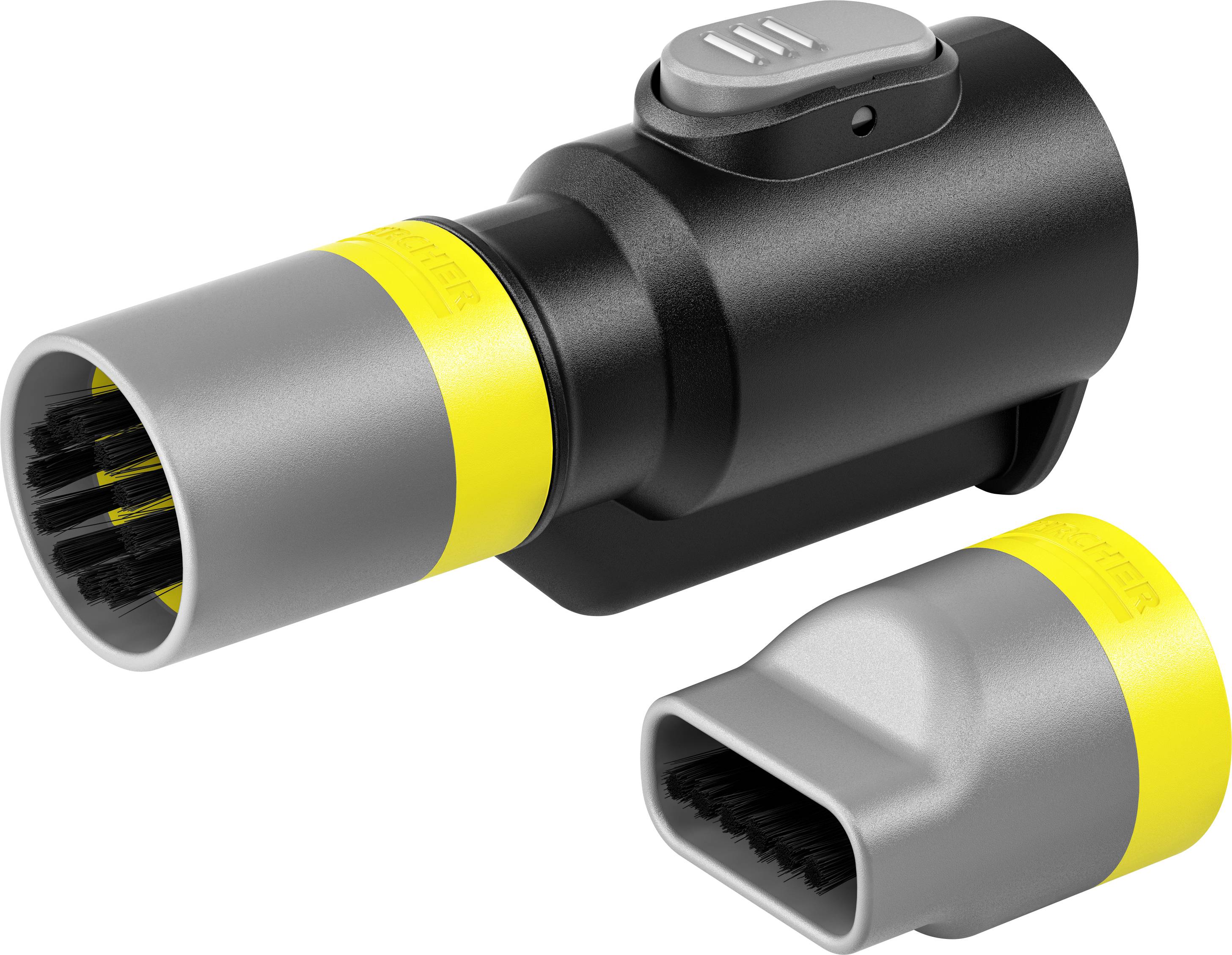 Eine Düse für einen Staubsauger mit zwei Aufsätzen: einer mit Bürsten und einer flachen Düse. Ideal für Reinigung harter und weicher Oberflächen.