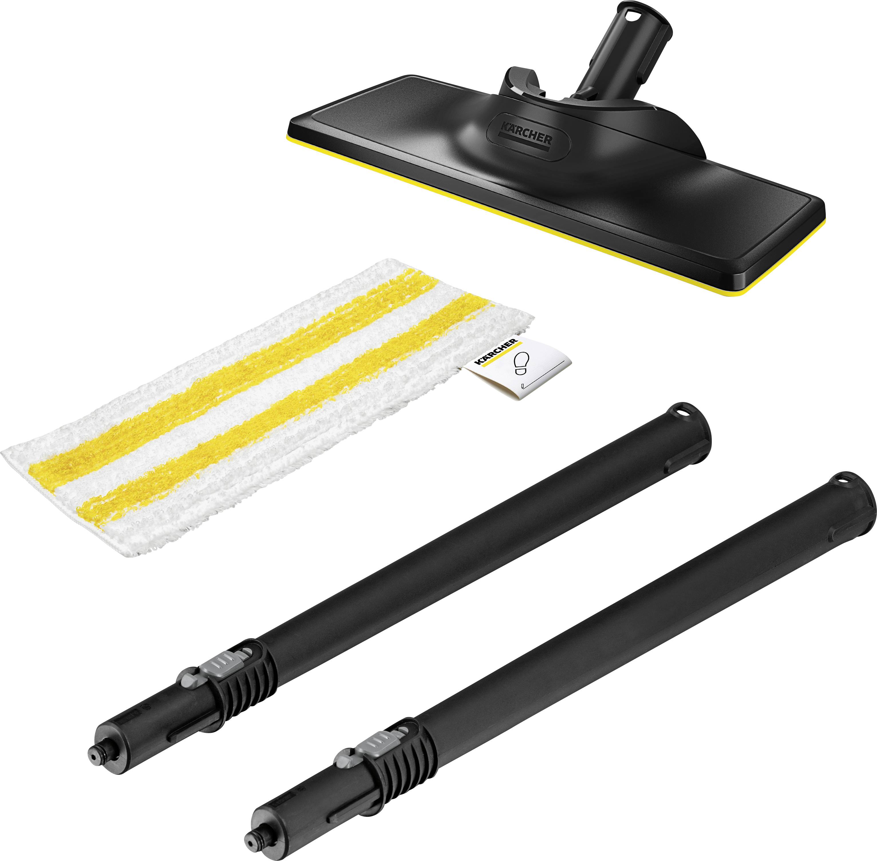 Auf dem Bild sind zwei schwarze Dampfreinigungsaufsätze mit einem passenden Mikrofaser-Wischtuch und einem kleinen Zubehörteil.