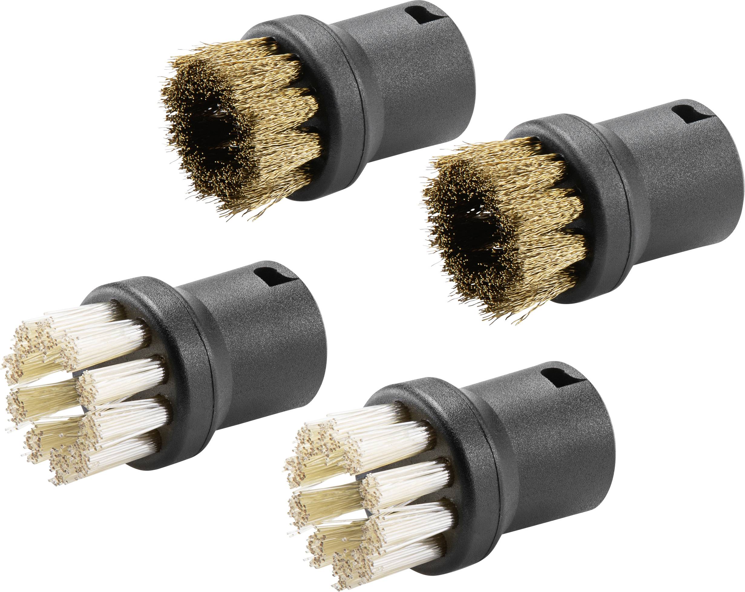 Vier Bürstenaufsätze aus Kunststoff mit unterschiedlichen Borsten für diverse Reinigungsanwendungen, auf weißem Hintergrund.