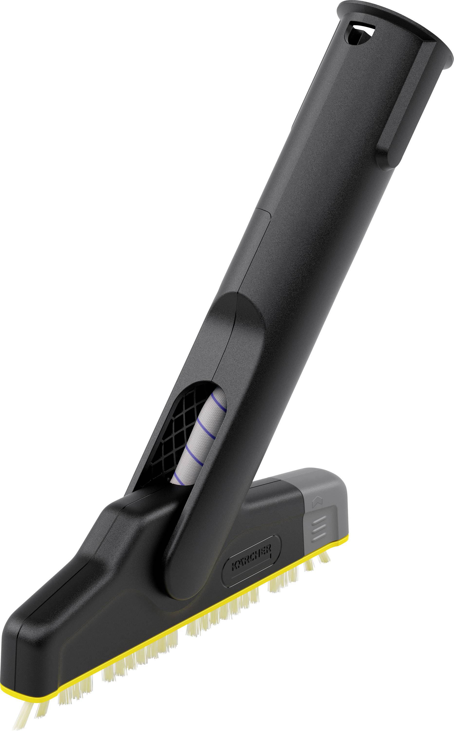 Ein schwarzer Saugaufsatz mit gelber Bürste, vermutlich für die Reinigung von Textilien oder Fahrzeugen, mit ergonomischem Griff.