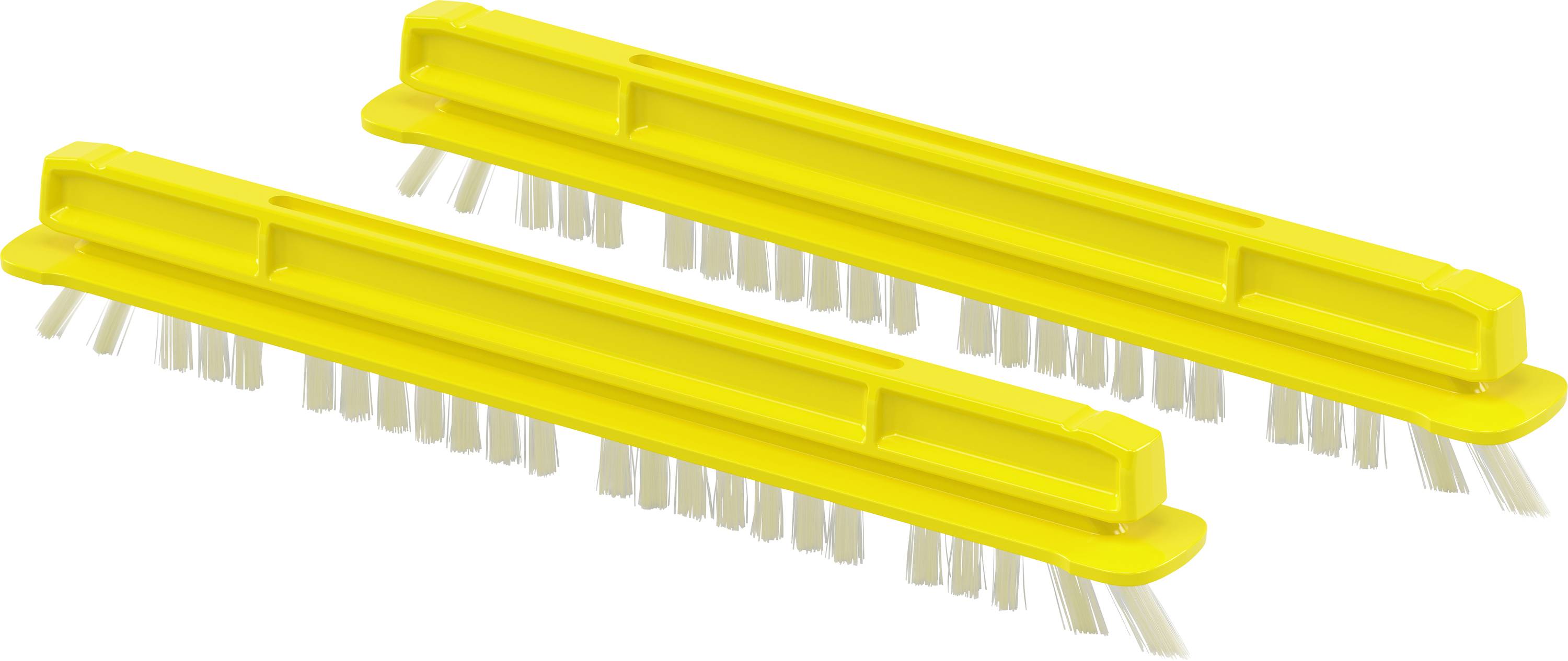 Zwei gelbe Reinigungsbürsten mit weißen Borsten, parallel nebeneinander liegend.