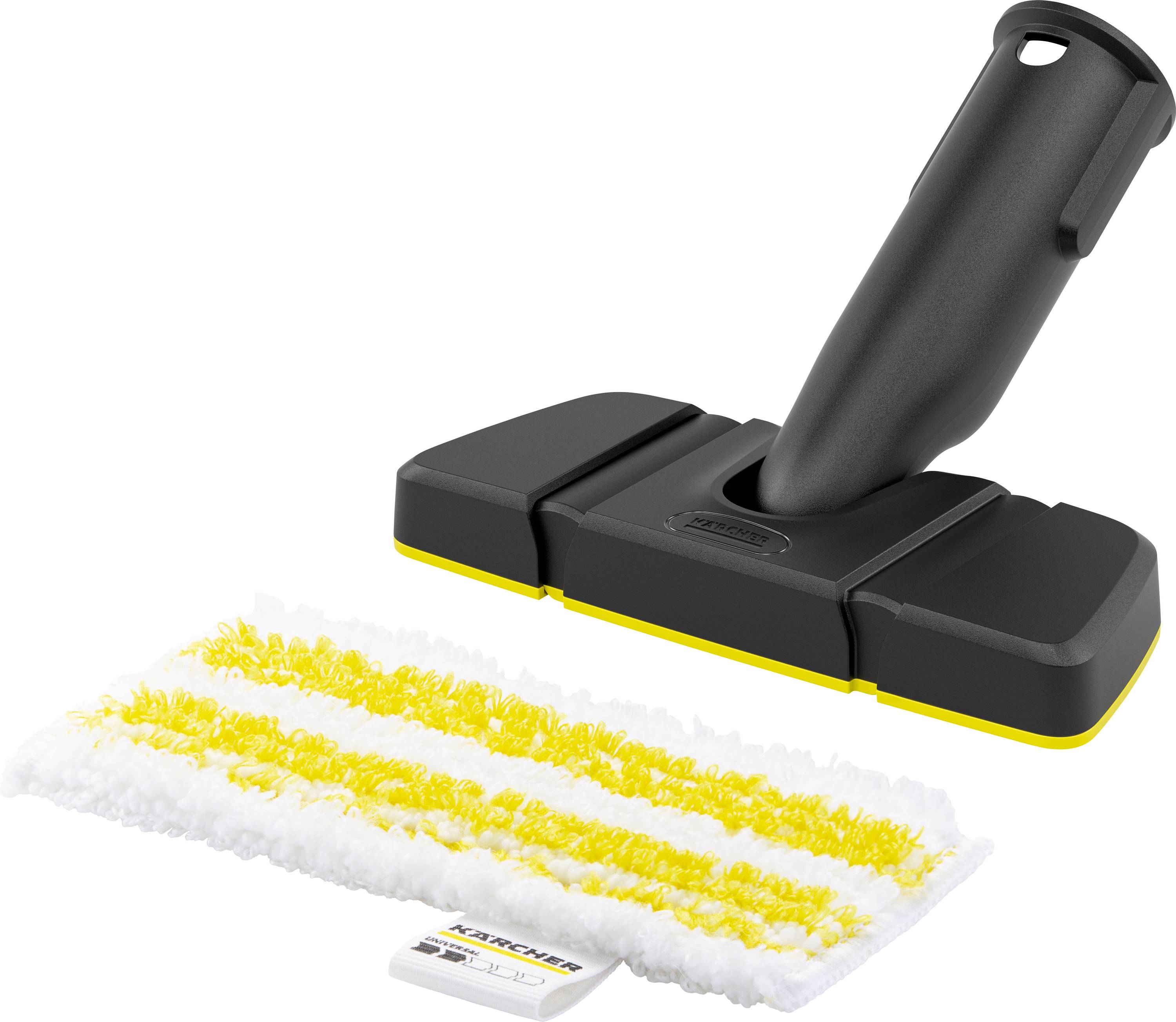 Mikrofaser-Bodentuch und Dampfreinigeraufsatz in Schwarz und Gelb, markiert mit 'Kärcher', für effiziente Bodenreinigung.