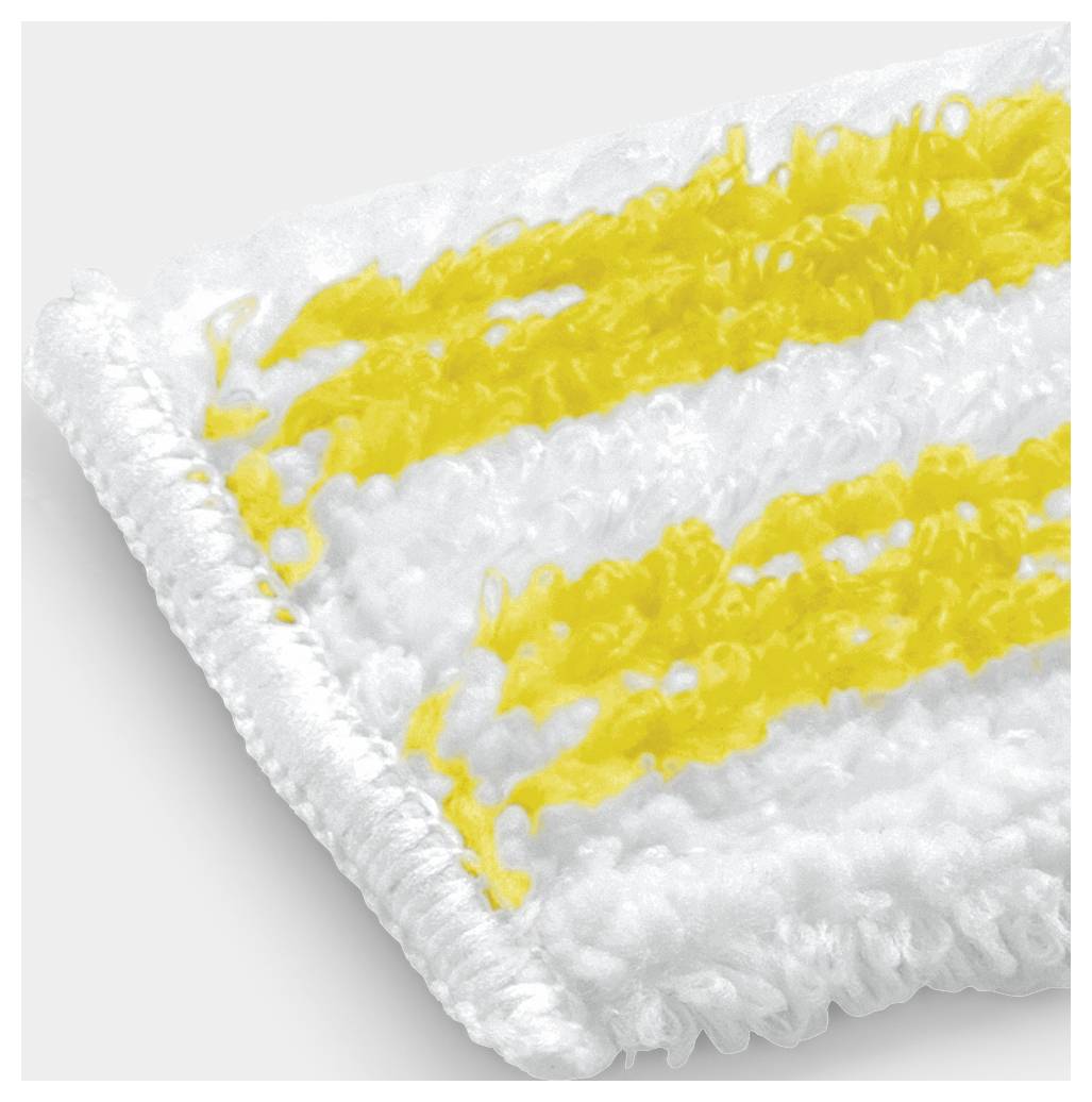 Weiße Reinigungstextur mit zwei gelben Streifen. Nahaufnahme der Ecke eines Wischtuchs aus dicken, flauschigen Fasern.